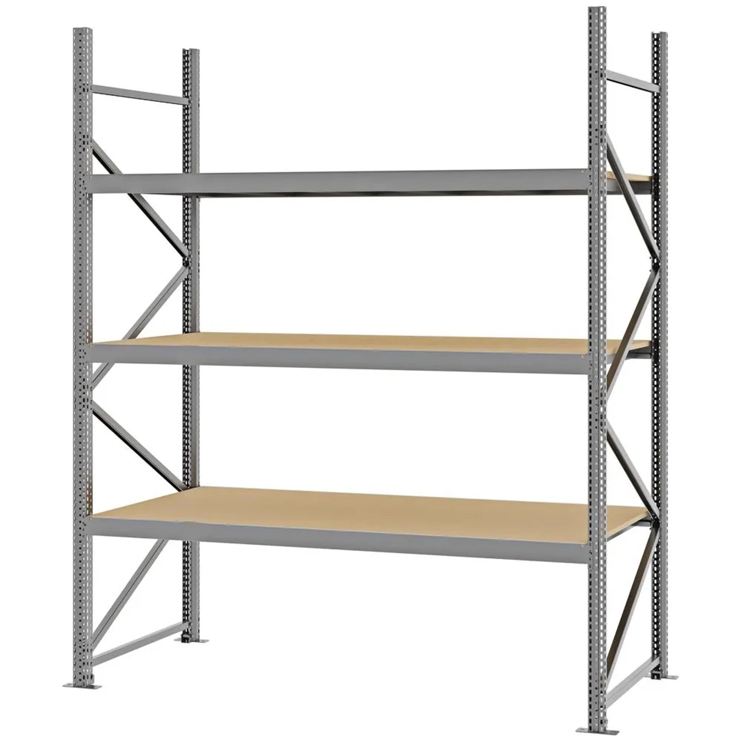 PROREGAL Weitspannregal Schraub-Stecksystem MAGNUS PRO Made In Germany Grundregal 250x200x80cm 3 Ebenen Spanplattenböden Fachlast 600kg Verzinkt