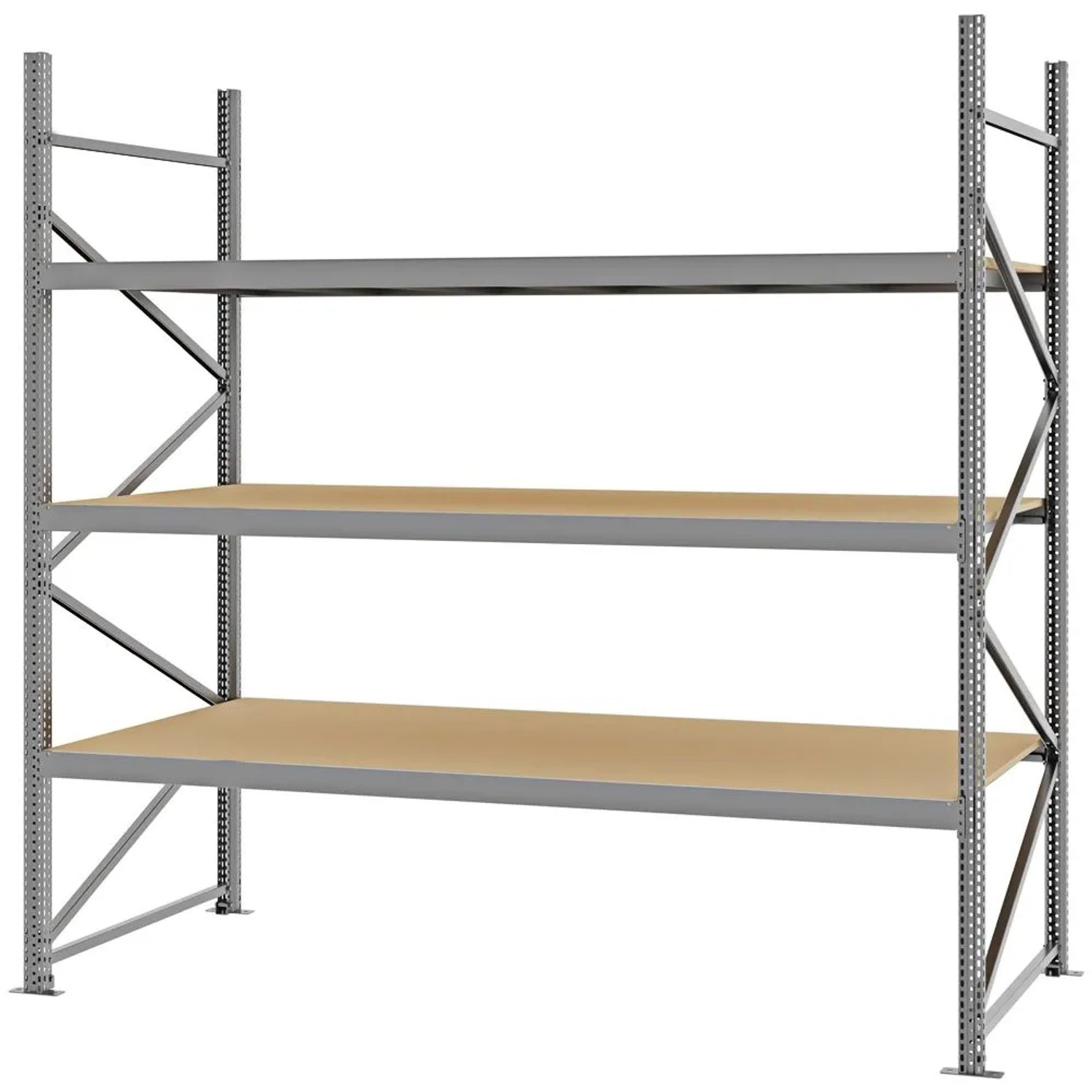 PROREGAL Weitspannregal Schraub-Stecksystem MAGNUS PRO Made In Germany Grundregal 250x250x100cm 3 Ebenen Spanplattenböden Fachlast 430kg Verzinkt