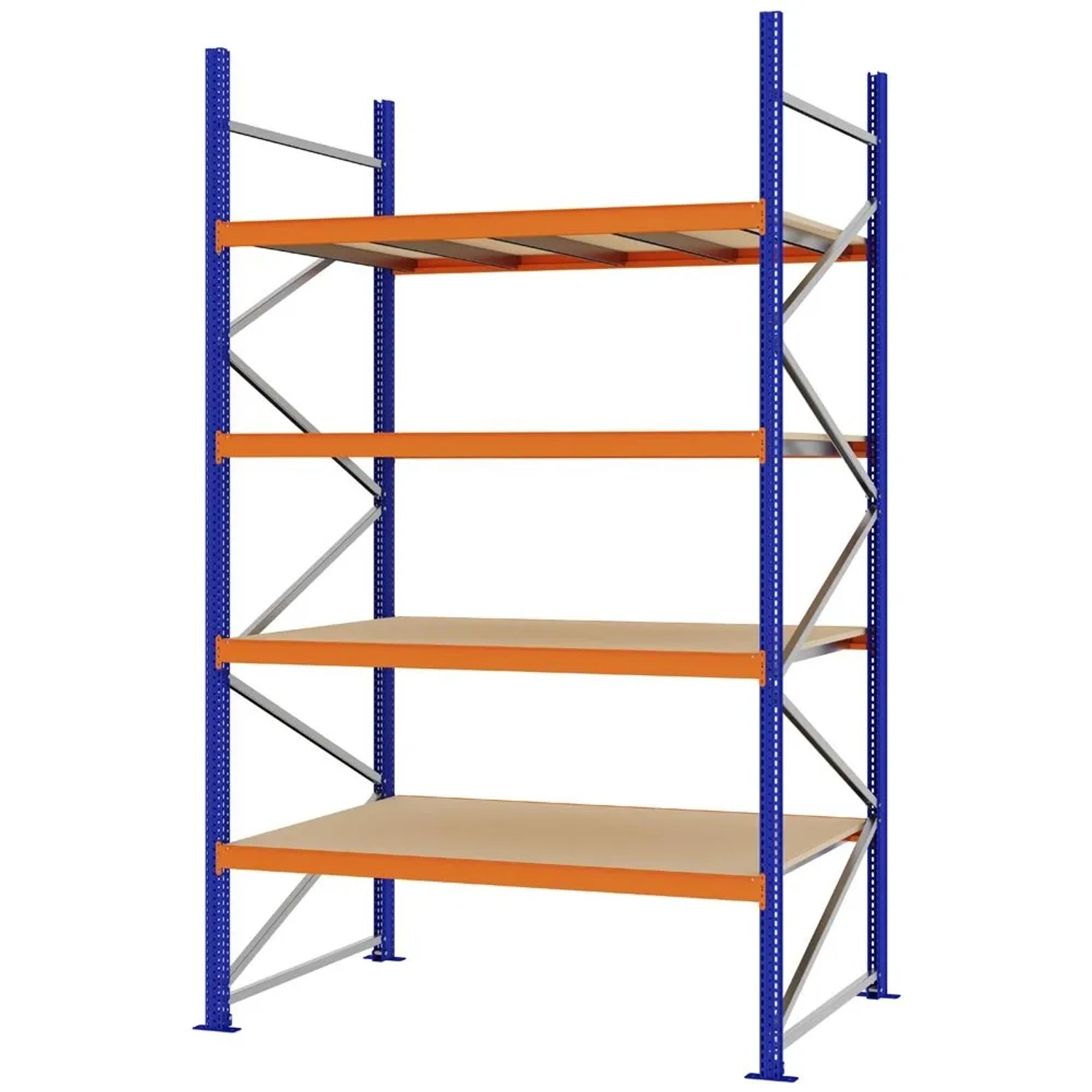 PROREGAL Weitspannregal Schraub-Stecksystem MAGNUS PRO Made In Germany Grundregal 300x175x100cm 4 Ebenen Spanplattenböden Fachlast 700kg Blau/Orange