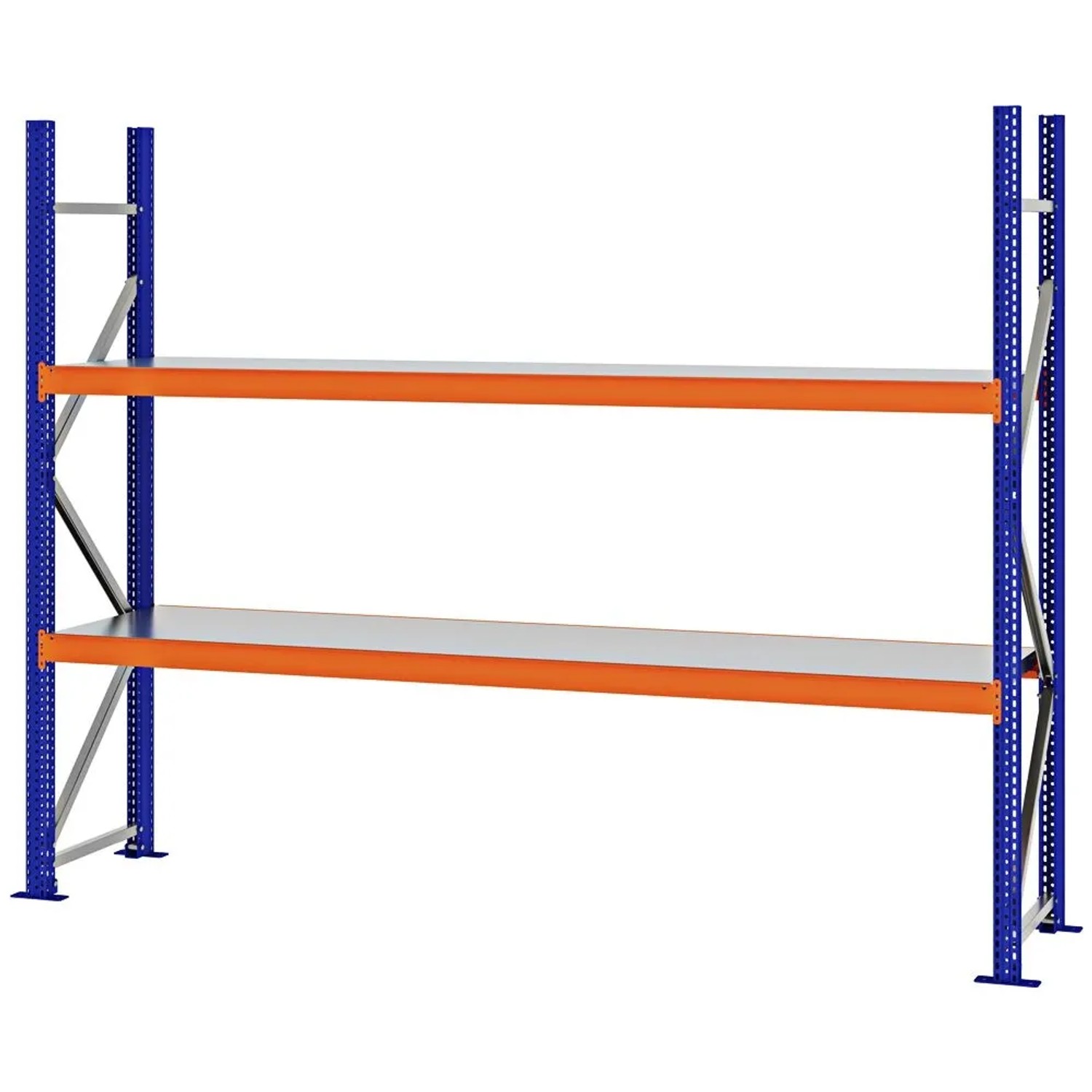 PROREGAL Weitspannregal Schraub-Stecksystem MAGNUS PRO Made In Germany Grundregal 200x250x50cm 2 Ebenen Stahlböden Fachlast 430kg Blau/Orange