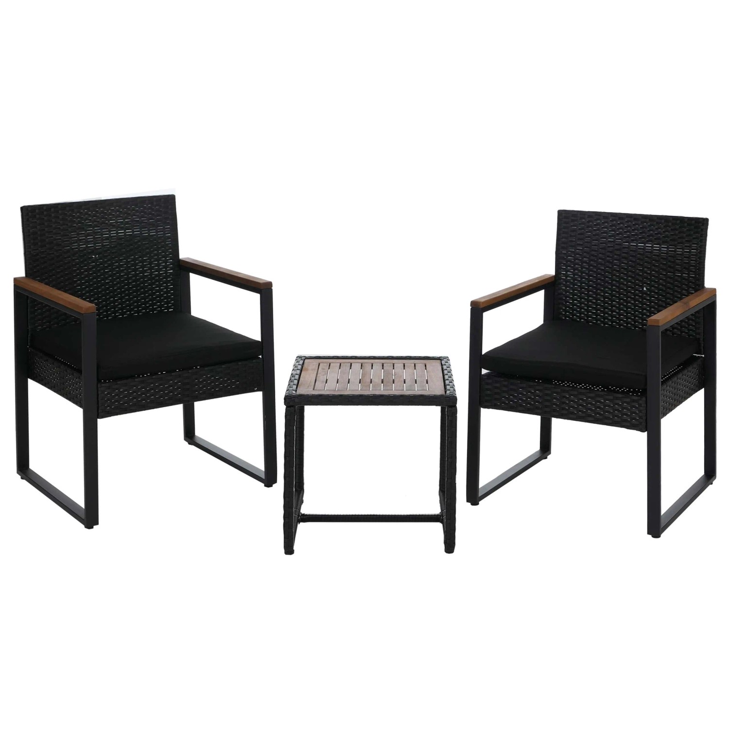 PROREGAL Poly-Rattan Garnitur Lounge-Set Garten 2x Stuhl Tisch Akazie Holz Stoff 180g/m2 Schwarz Polster Schwarz