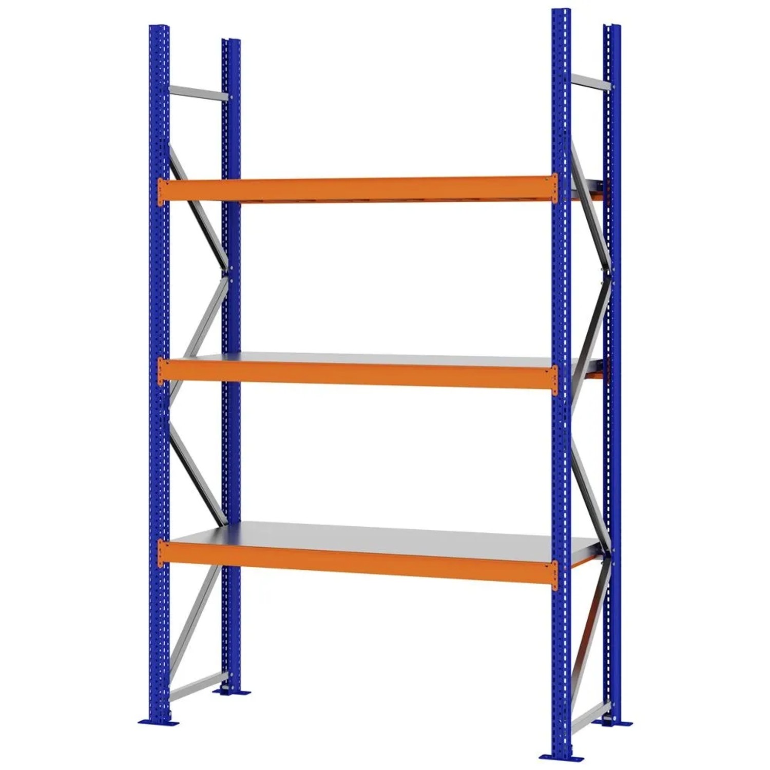 PROREGAL Weitspannregal Schraub-Stecksystem MAGNUS PRO Made In Germany Grundregal 250x150x50cm 3 Ebenen Stahlböden Fachlast 750kg Blau/Orange