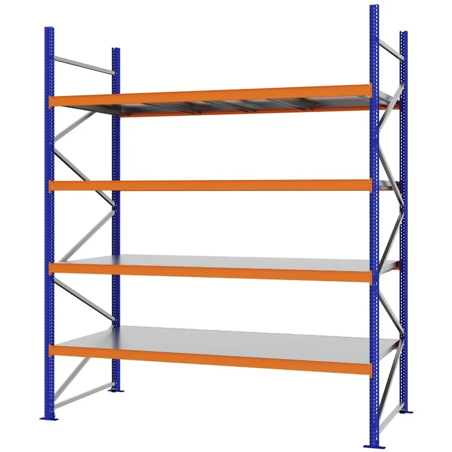 PROREGAL Weitspannregal Schraub-Stecksystem MAGNUS PRO Made In Germany Grundregal 300x250x100cm 4 Ebenen Stahlböden Fachlast 430kg Blau/Orange