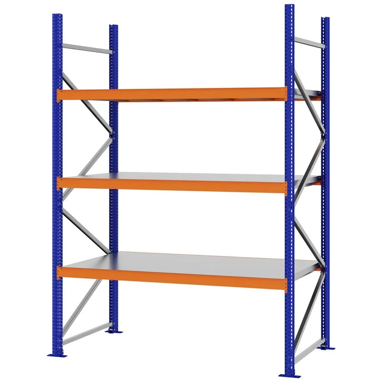PROREGAL Weitspannregal Schraub-Stecksystem MAGNUS PRO Made In Germany Grundregal 250x175x80cm 3 Ebenen Stahlböden Fachlast 700kg Blau/Orange
