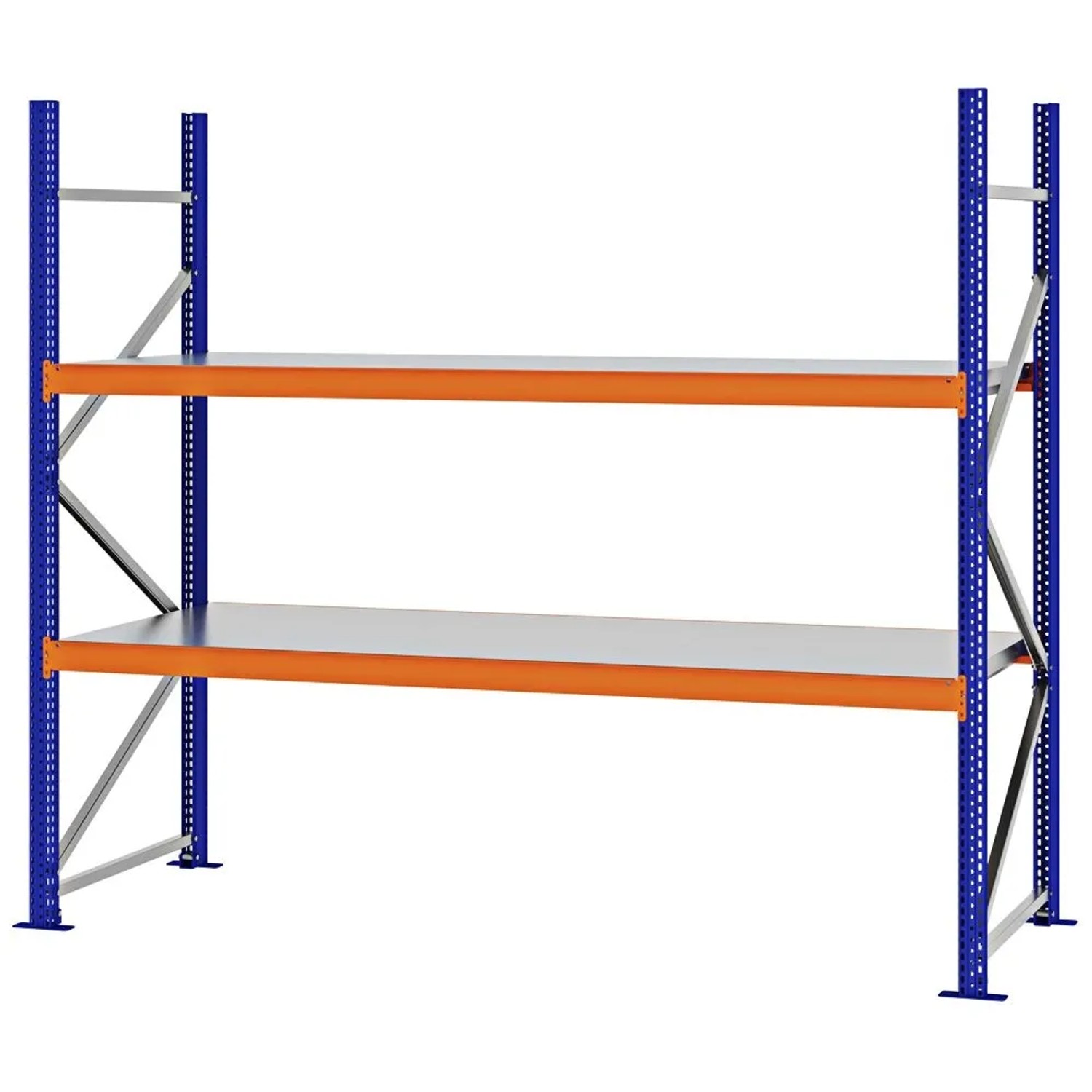 PROREGAL Weitspannregal Schraub-Stecksystem MAGNUS PRO Made In Germany Grundregal 200x225x80cm 2 Ebenen Stahlböden Fachlast 520kg Blau/Orange
