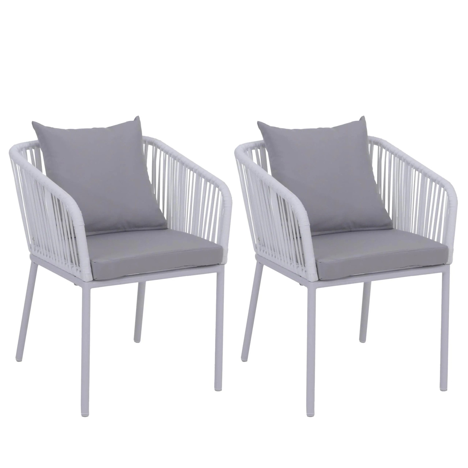 PROREGAL 2er-Set Gartenstuhl HxBxT 75x55x55cm Sitzhöhe 48cm Wetterfest Aluminium Seilgeflecht Rope Hellgrau Outdoor Armlehne