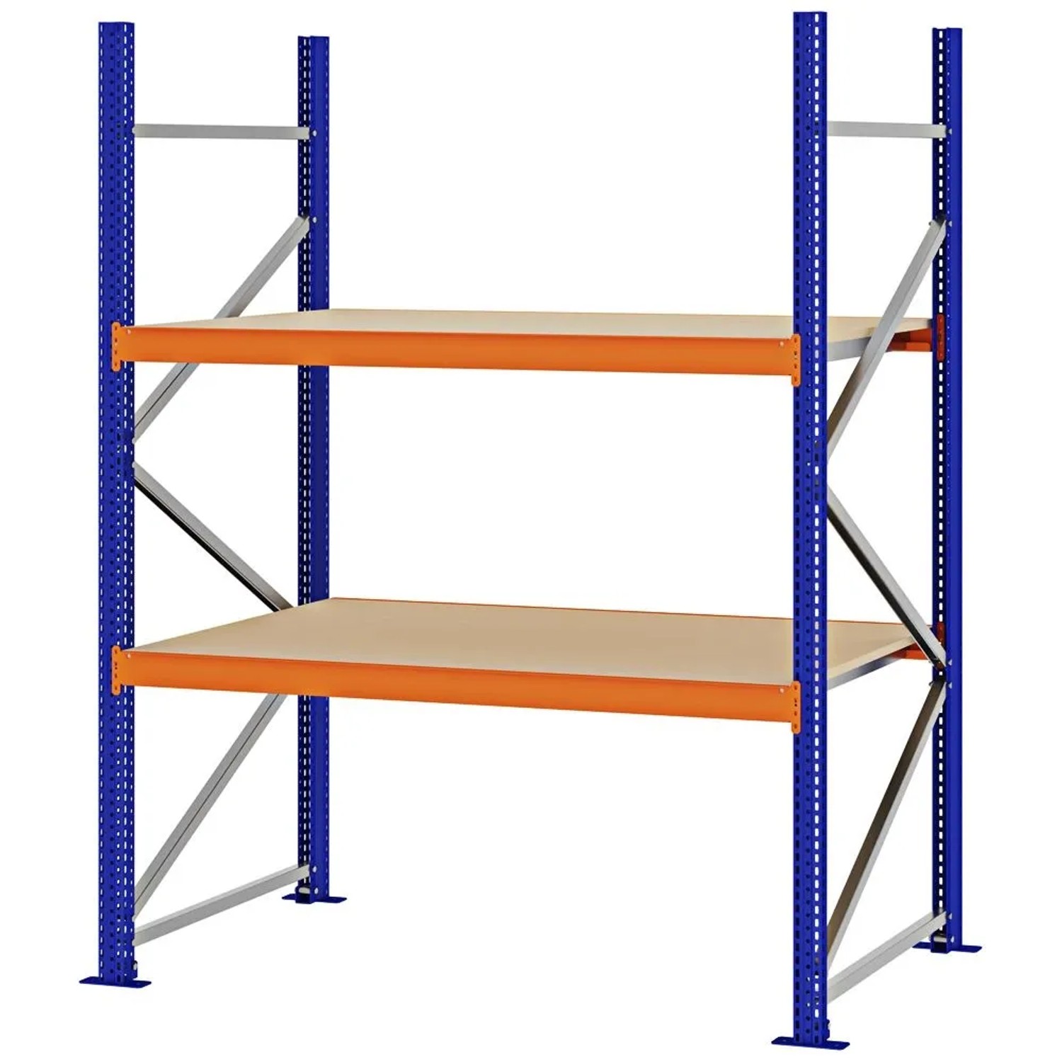 PROREGAL Weitspannregal Schraub-Stecksystem MAGNUS PRO Made In Germany Grundregal 200x150x80cm 2 Ebenen Spanplattenböden Fachlast 750kg Blau/Orange