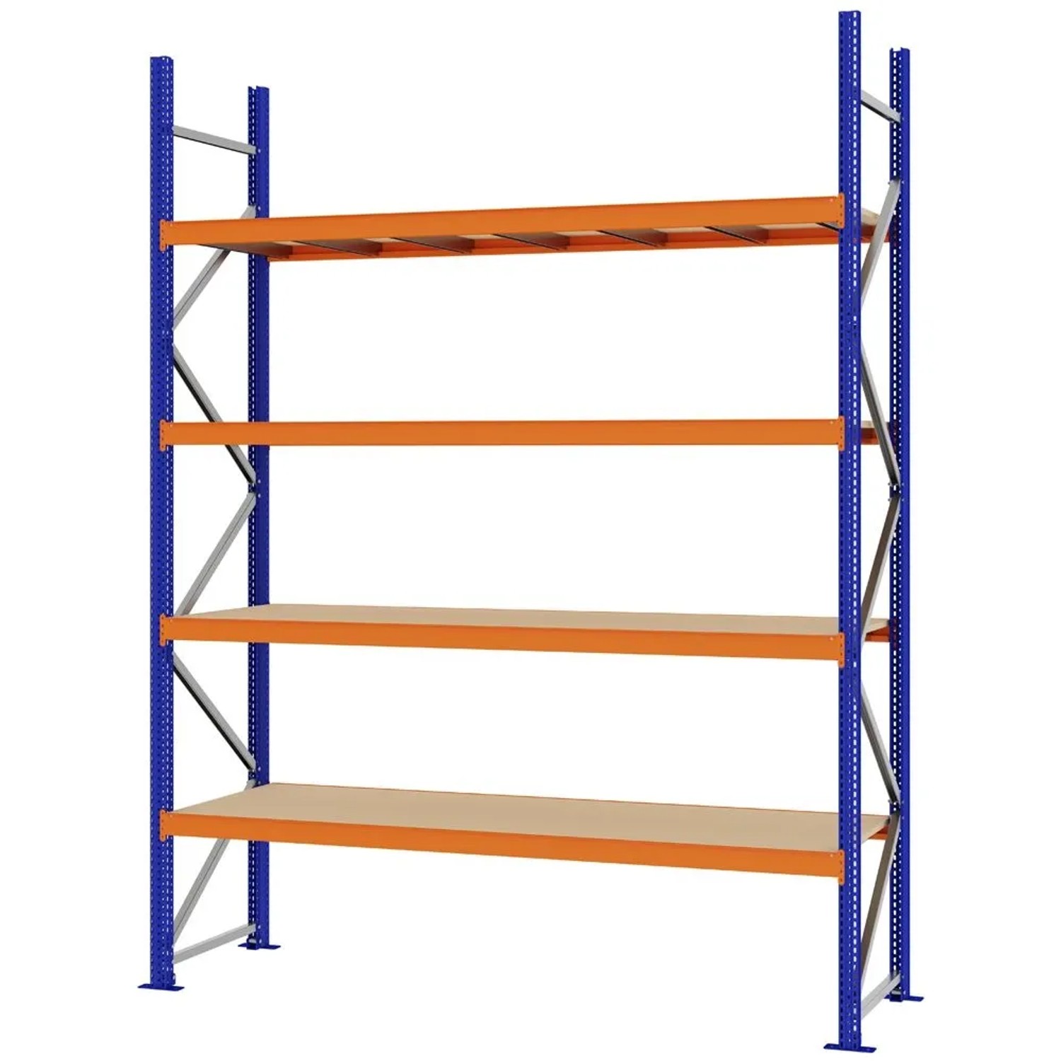 PROREGAL Weitspannregal Schraub-Stecksystem MAGNUS PRO Made In Germany Grundregal 300x225x60cm 4 Ebenen Spanplattenböden Fachlast 520kg Blau/Orange