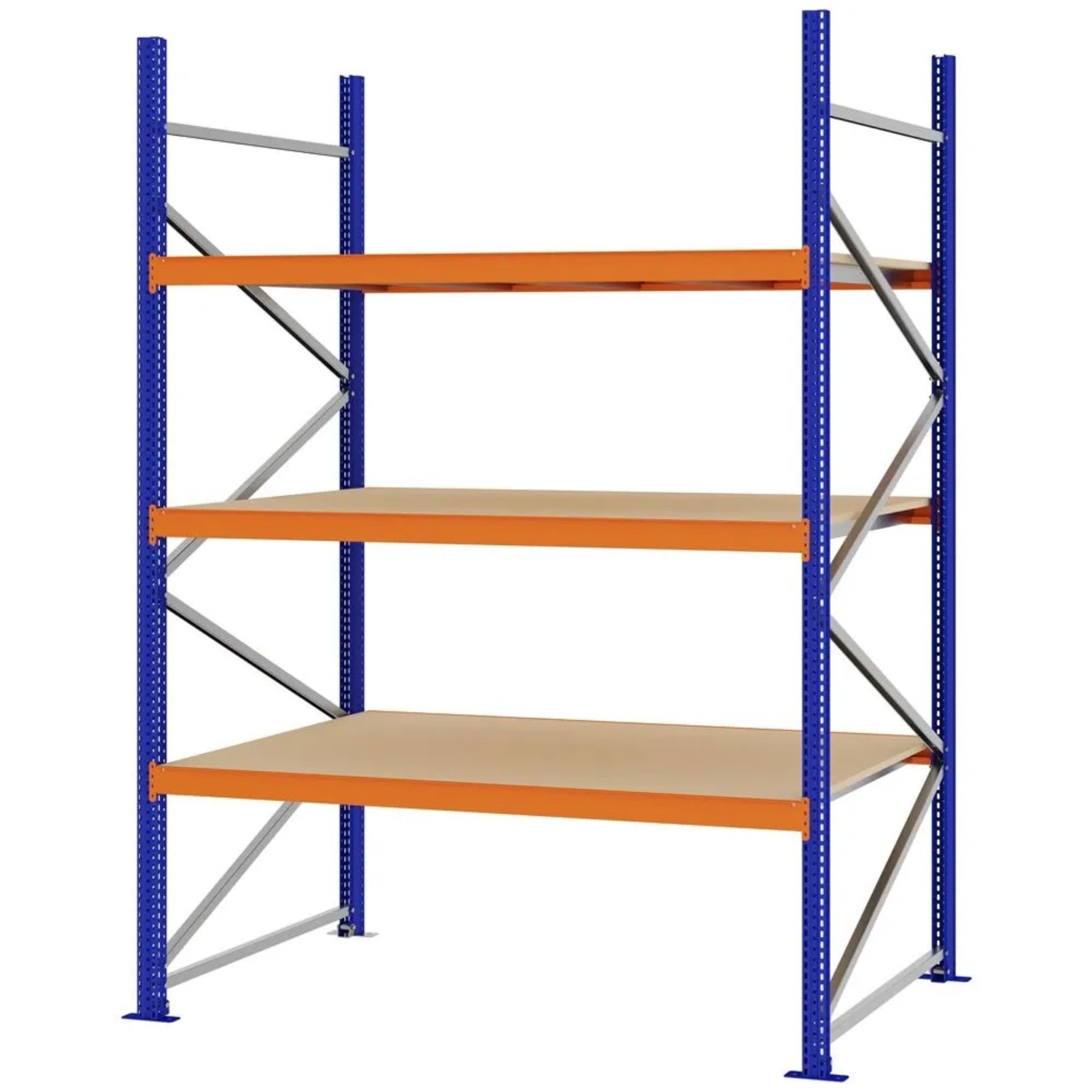 PROREGAL Weitspannregal Schraub-Stecksystem MAGNUS PRO Made In Germany Grundregal 250x175x100cm 3 Ebenen Spanplattenböden Fachlast 700kg Blau/Orange