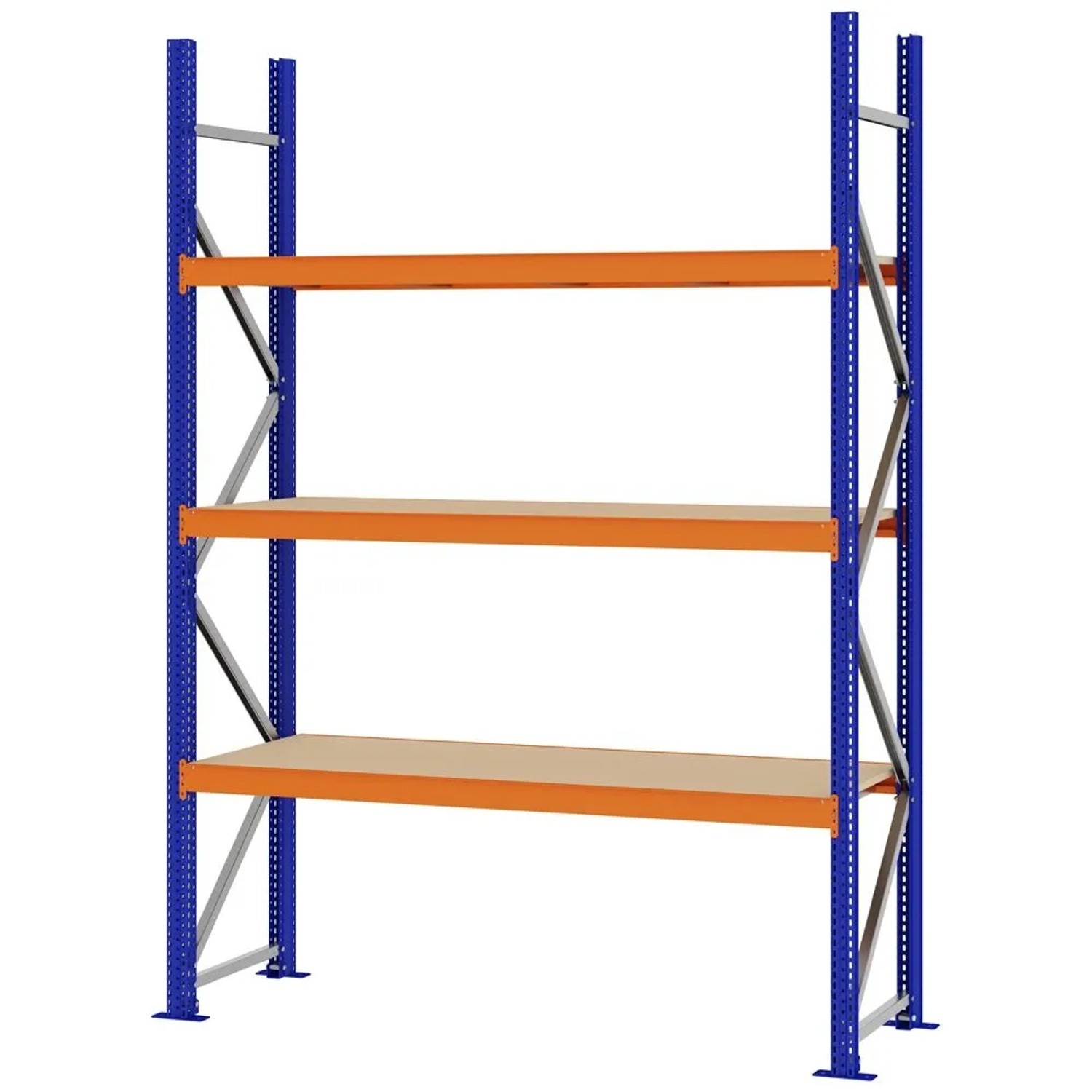 PROREGAL Weitspannregal Schraub-Stecksystem MAGNUS PRO Made In Germany Grundregal 250x175x50cm 3 Ebenen Spanplattenböden Fachlast 700kg Blau/Orange