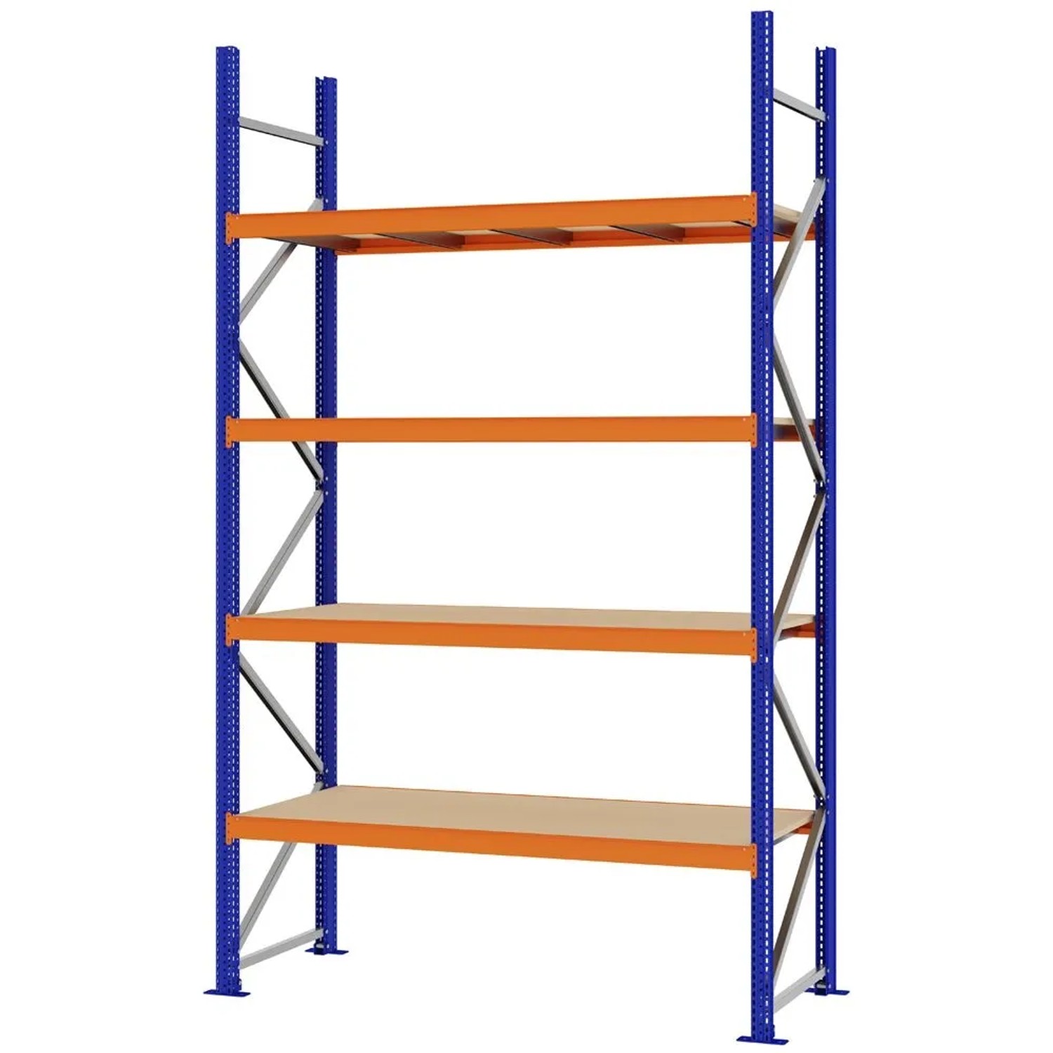 PROREGAL Weitspannregal Schraub-Stecksystem MAGNUS PRO Made In Germany Grundregal 300x175x60cm 4 Ebenen Spanplattenböden Fachlast 700kg Blau/Orange