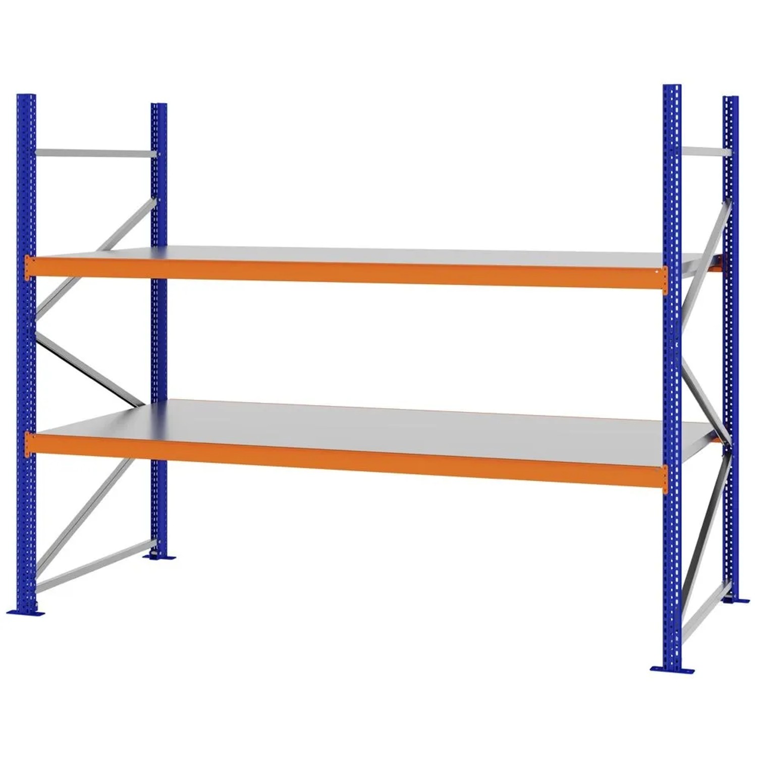PROREGAL Weitspannregal Schraub-Stecksystem MAGNUS PRO Made In Germany Grundregal 200x250x100cm 2 Ebenen Stahlböden Fachlast 430kg Blau/Orange