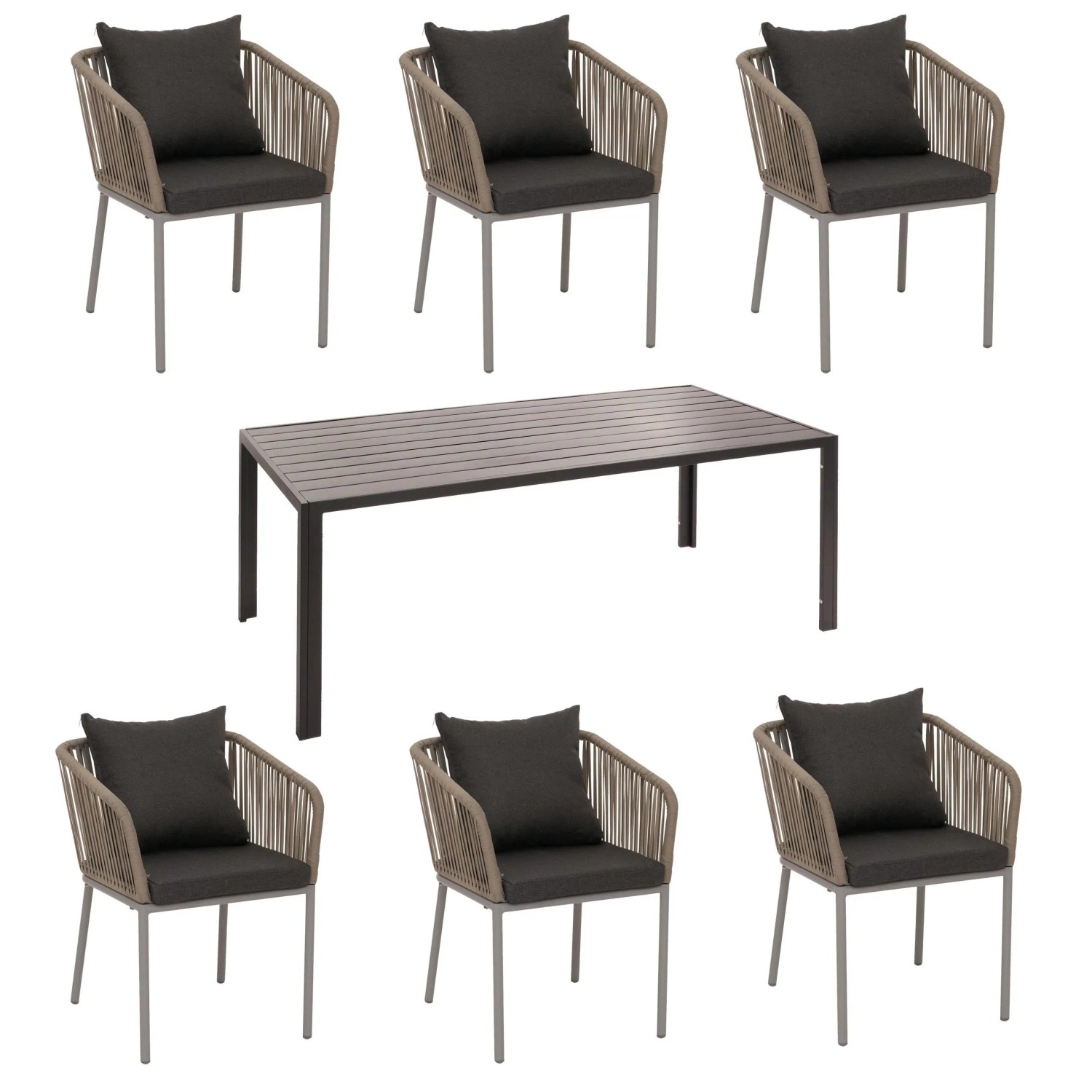 PROREGAL Gartengarnitur Tisch+6xStuhl Wetterfest Alu 180x80cm Seilgeflecht Rope Grau Kissen Dunkelgrau