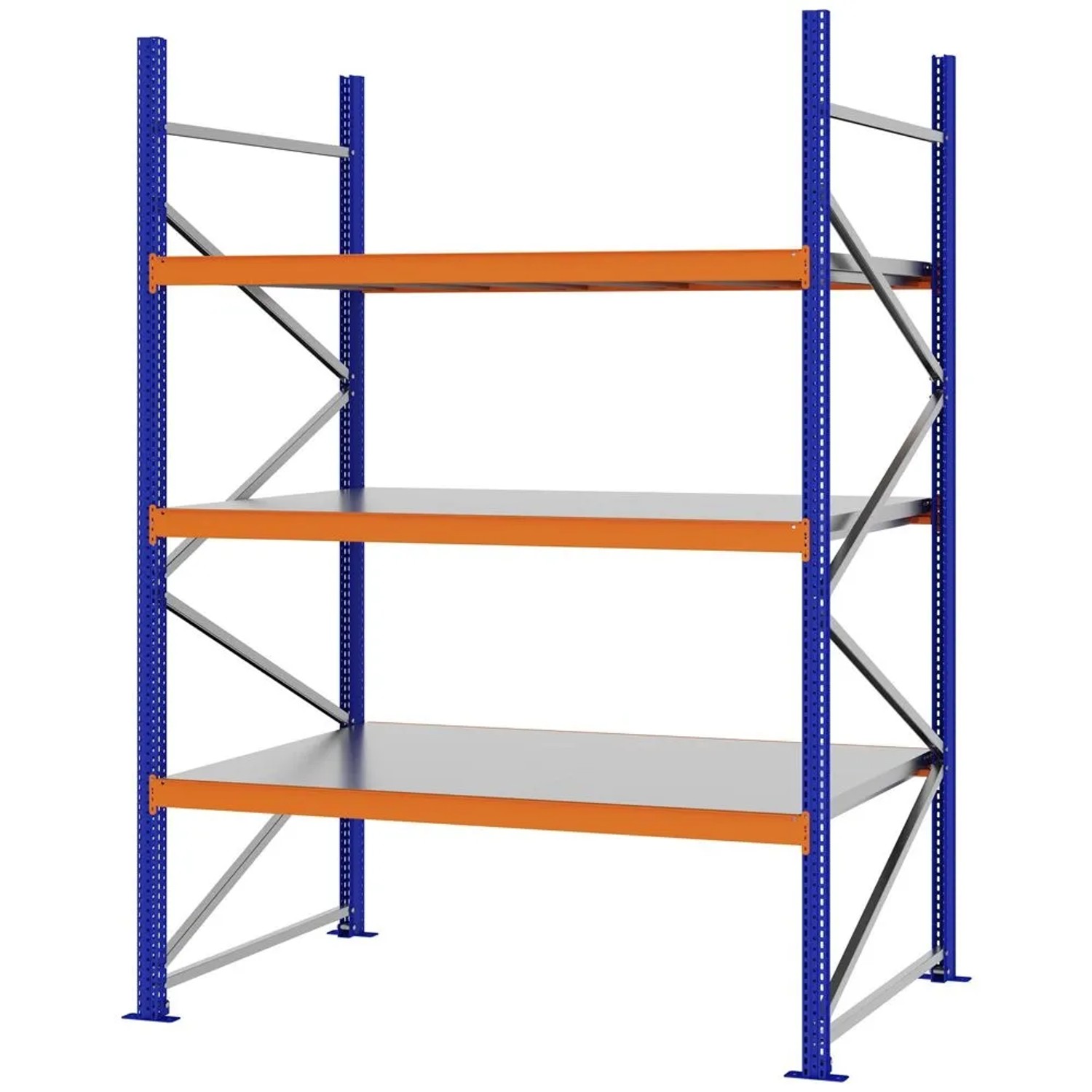 PROREGAL Weitspannregal Schraub-Stecksystem MAGNUS PRO Made In Germany Grundregal 250x175x100cm 3 Ebenen Stahlböden Fachlast 700kg Blau/Orange