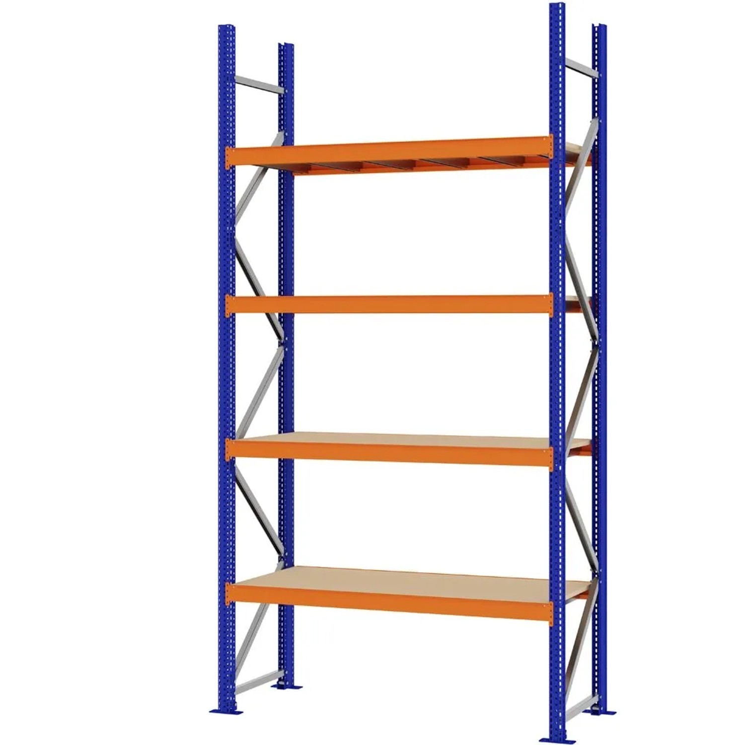 PROREGAL Weitspannregal Schraub-Stecksystem MAGNUS PRO Made In Germany Grundregal 300x150x50cm 4 Ebenen Spanplattenböden Fachlast 750kg Blau/Orange