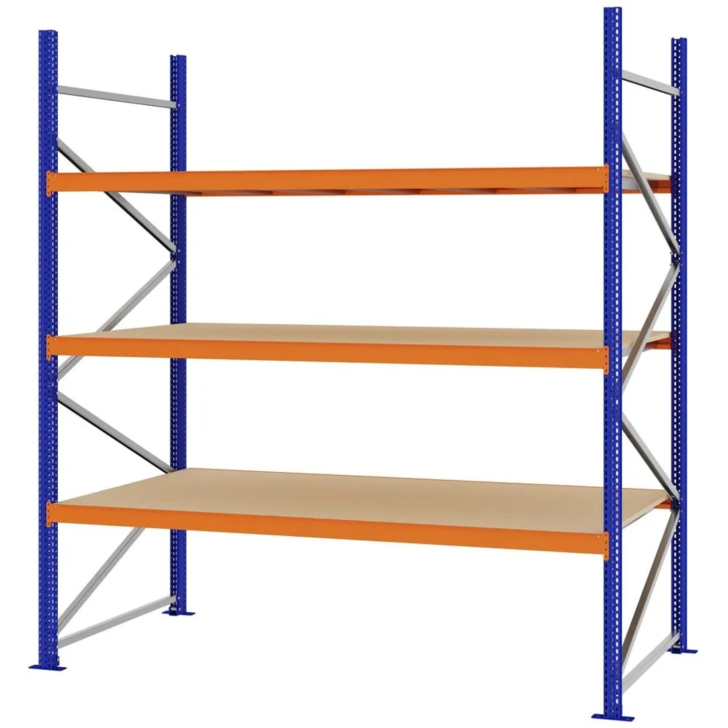 PROREGAL Weitspannregal Schraub-Stecksystem MAGNUS PRO Made In Germany Grundregal 250x225x100cm 3 Ebenen Spanplattenböden Fachlast 520kg Blau/Orange
