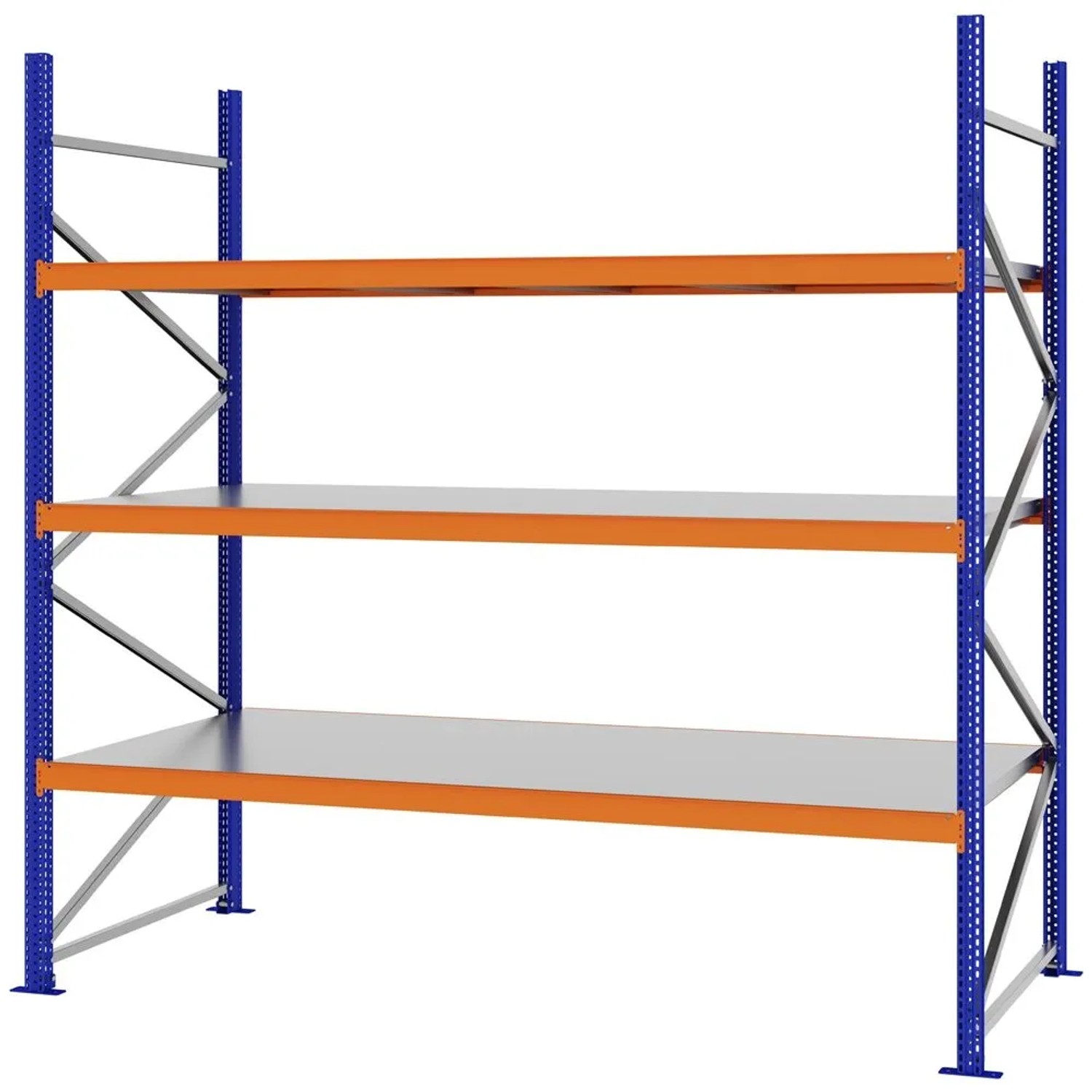 PROREGAL Weitspannregal Schraub-Stecksystem MAGNUS PRO Made In Germany Grundregal 250x250x100cm 3 Ebenen Stahlböden Fachlast 430kg Blau/Orange
