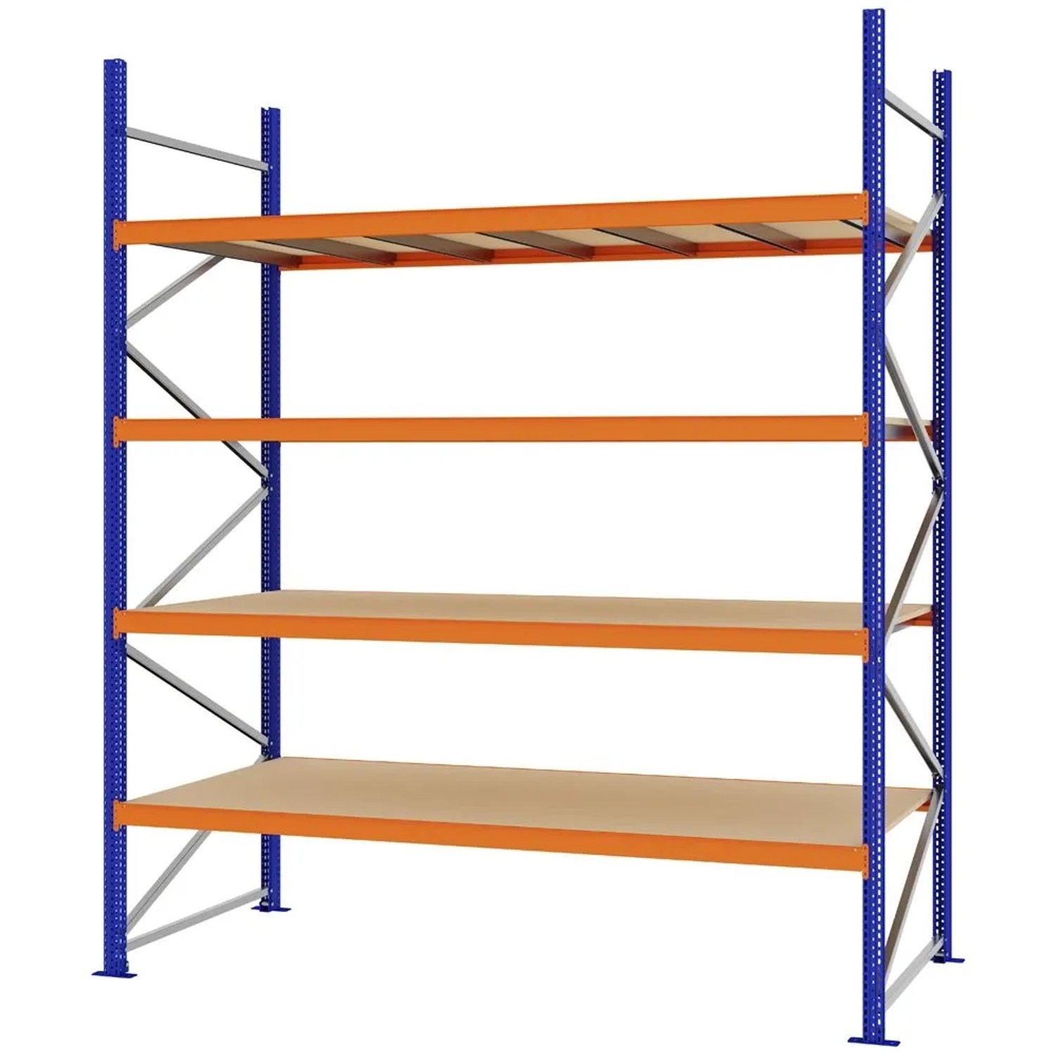 PROREGAL Weitspannregal Schraub-Stecksystem MAGNUS PRO Made In Germany Grundregal 300x250x100cm 4 Ebenen Spanplattenböden Fachlast 430kg Blau/Orange