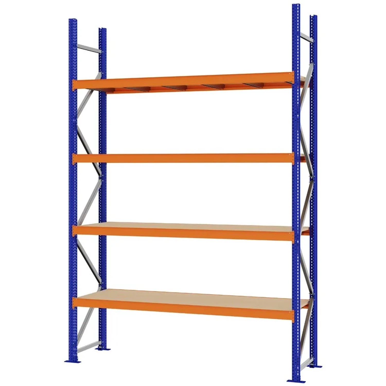 PROREGAL Weitspannregal Schraub-Stecksystem MAGNUS PRO Made In Germany Grundregal 300x200x50cm 4 Ebenen Spanplattenböden Fachlast 600kg Blau/Orange