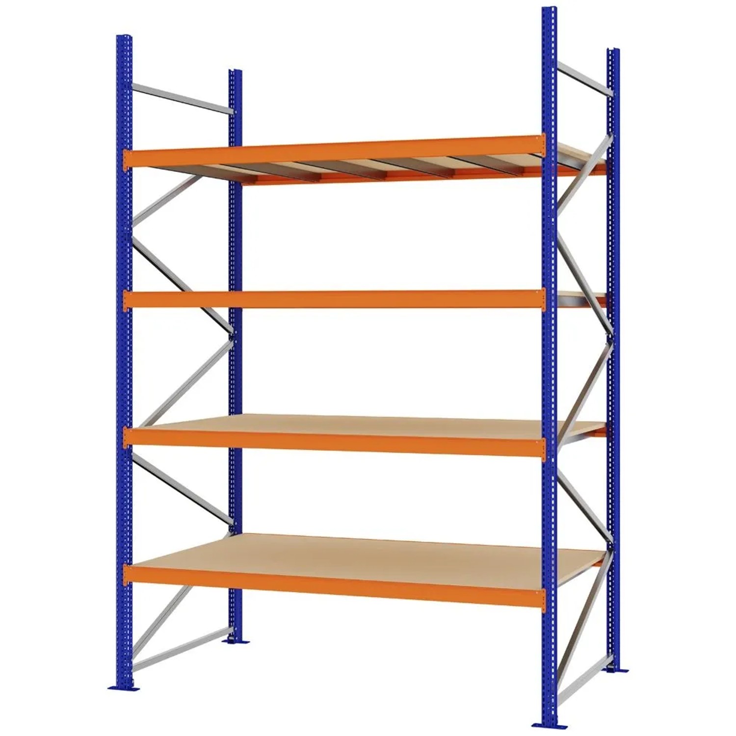 PROREGAL Weitspannregal Schraub-Stecksystem MAGNUS PRO Made In Germany Grundregal 300x200x100cm 4 Ebenen Spanplattenböden Fachlast 600kg Blau/Orange