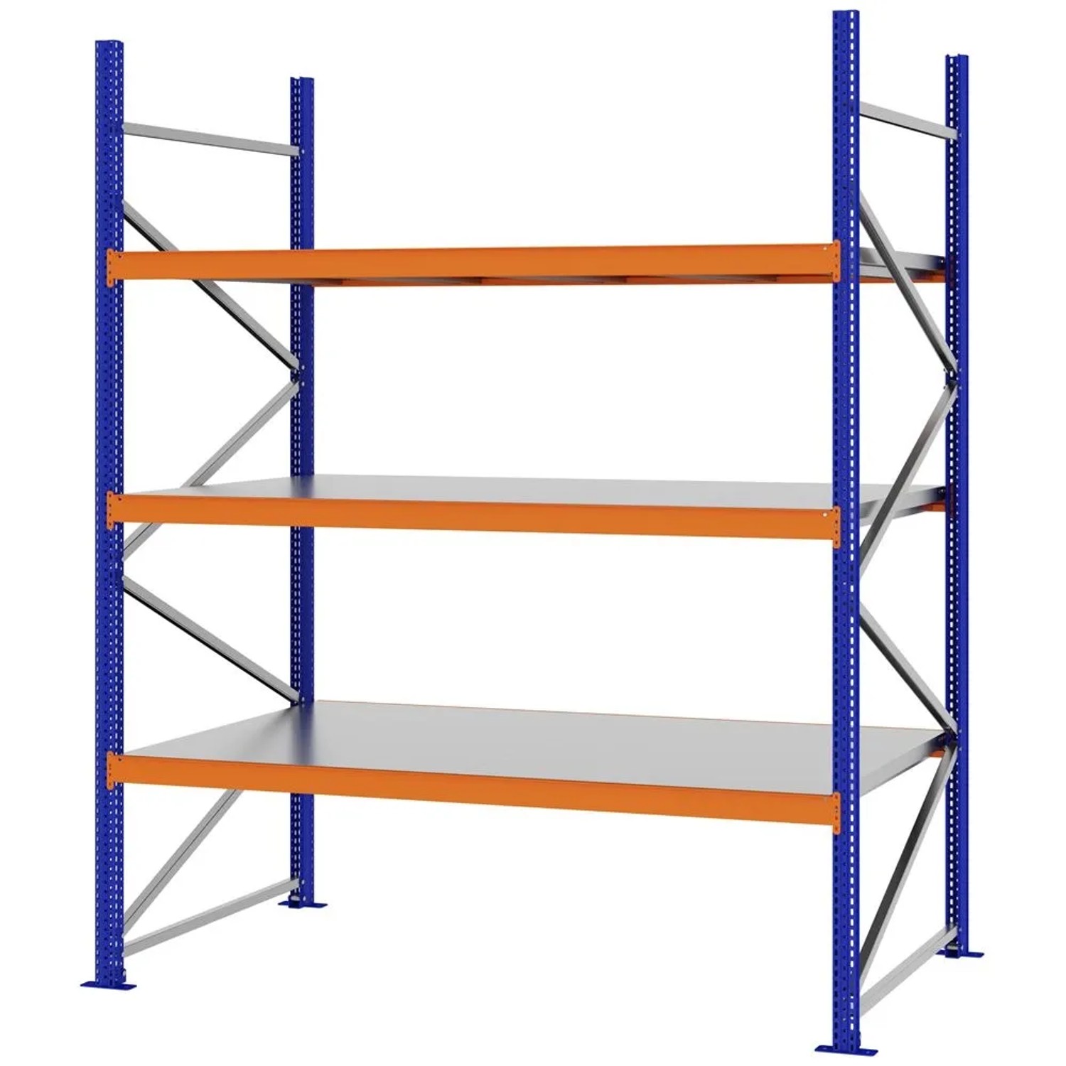 PROREGAL Weitspannregal Schraub-Stecksystem MAGNUS PRO Made In Germany Grundregal 250x200x100cm 3 Ebenen Stahlböden Fachlast 600kg Blau/Orange
