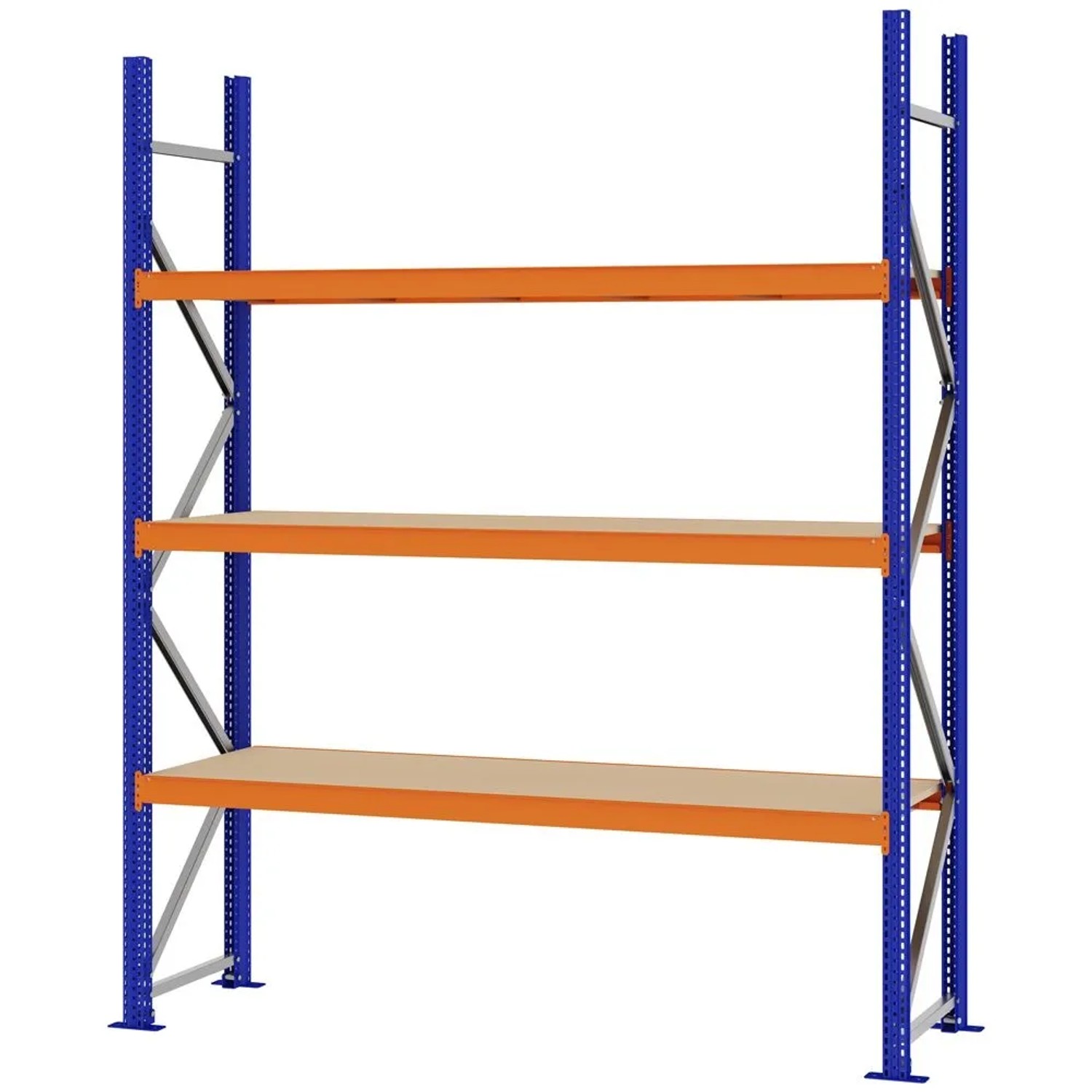 PROREGAL Weitspannregal Schraub-Stecksystem MAGNUS PRO Made In Germany Grundregal 250x200x50cm 3 Ebenen Spanplattenböden Fachlast 600kg Blau/Orange