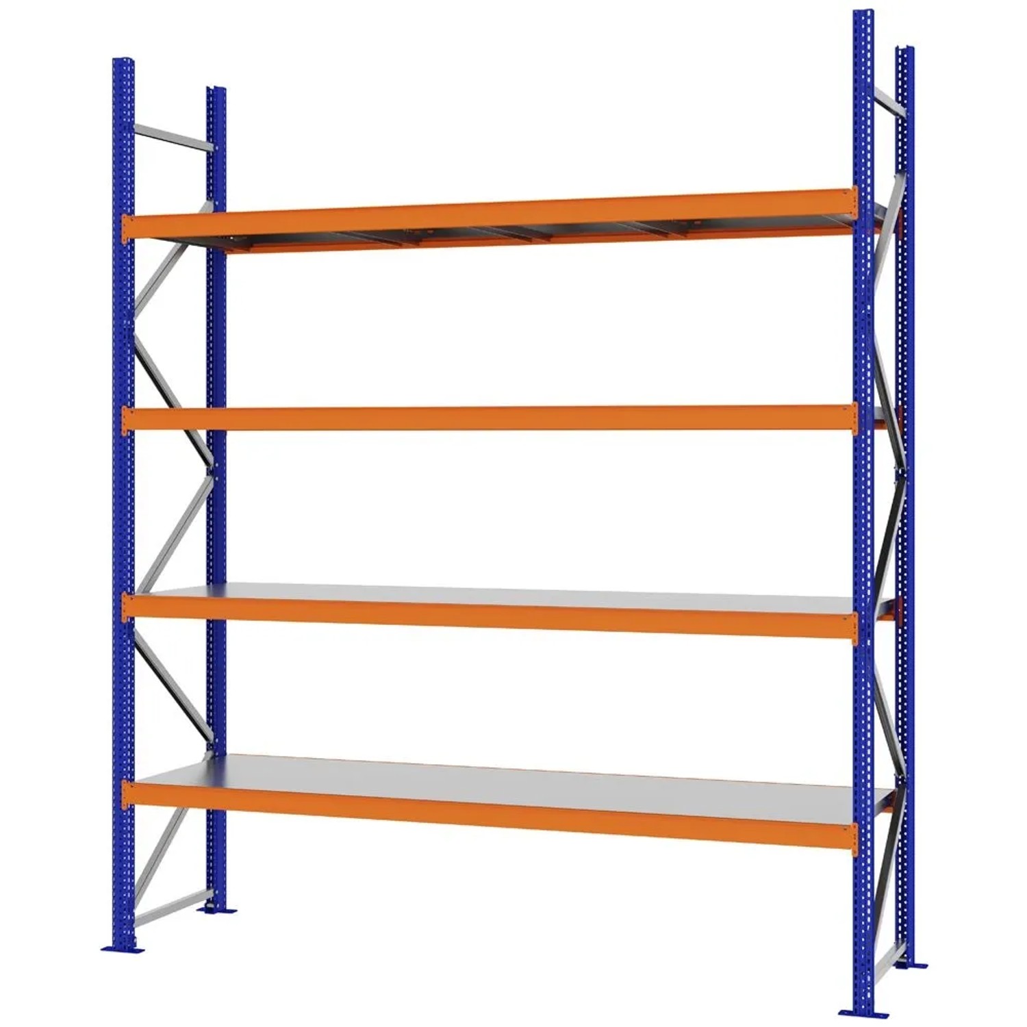 PROREGAL Weitspannregal Schraub-Stecksystem MAGNUS PRO Made In Germany Grundregal 300x250x60cm 4 Ebenen Stahlböden Fachlast 430kg Blau/Orange