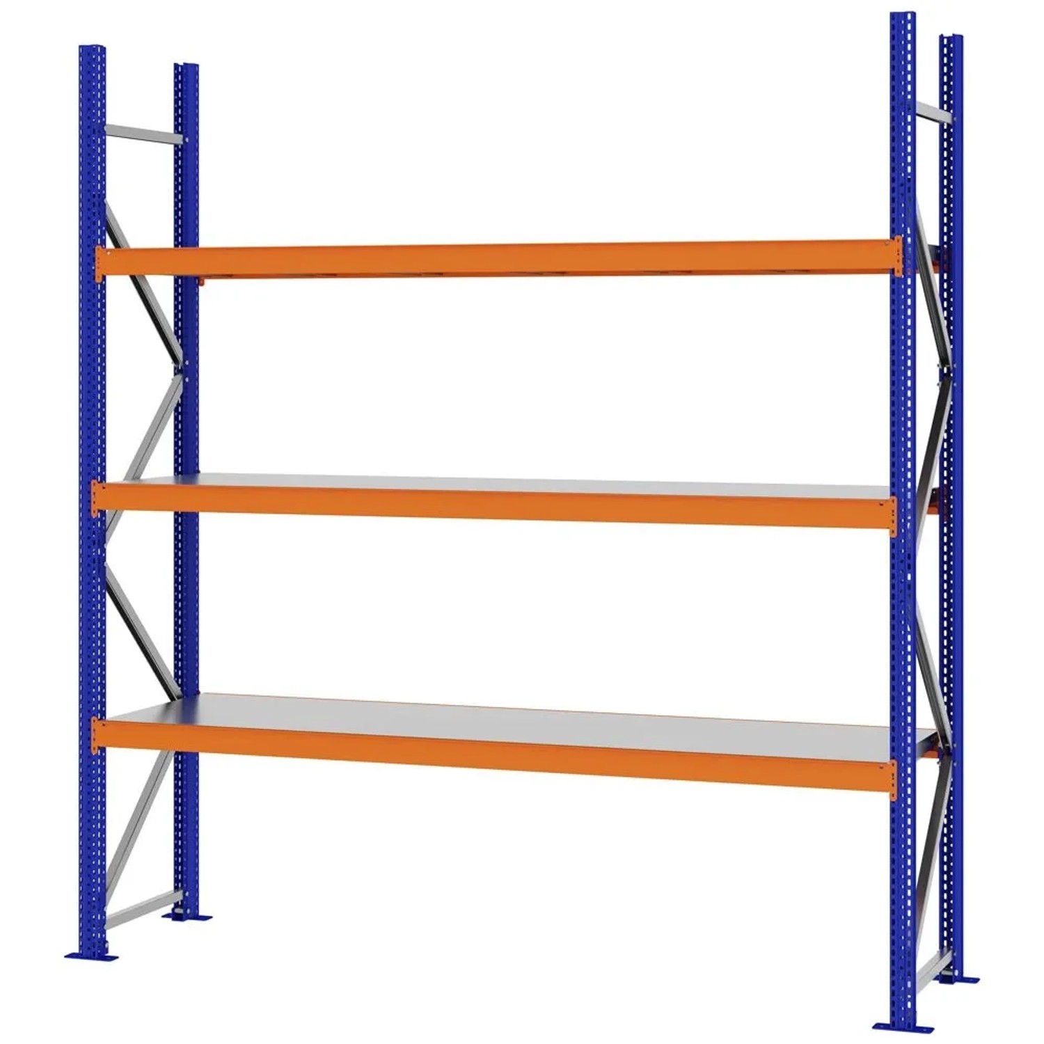 PROREGAL Weitspannregal Schraub-Stecksystem MAGNUS PRO Made In Germany Grundregal 250x225x50cm 3 Ebenen Stahlböden Fachlast 520kg Blau/Orange
