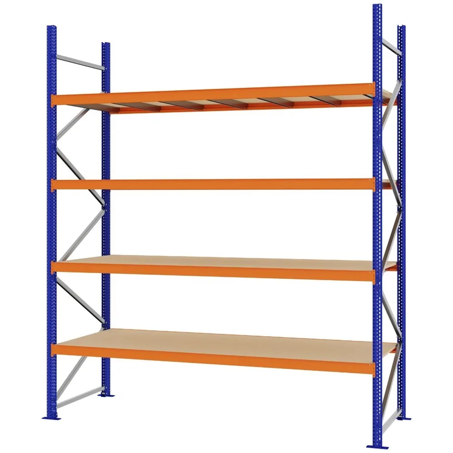 PROREGAL Weitspannregal Schraub-Stecksystem MAGNUS PRO Made In Germany Grundregal 300x250x80cm 4 Ebenen Spanplattenböden Fachlast 430kg Blau/Orange