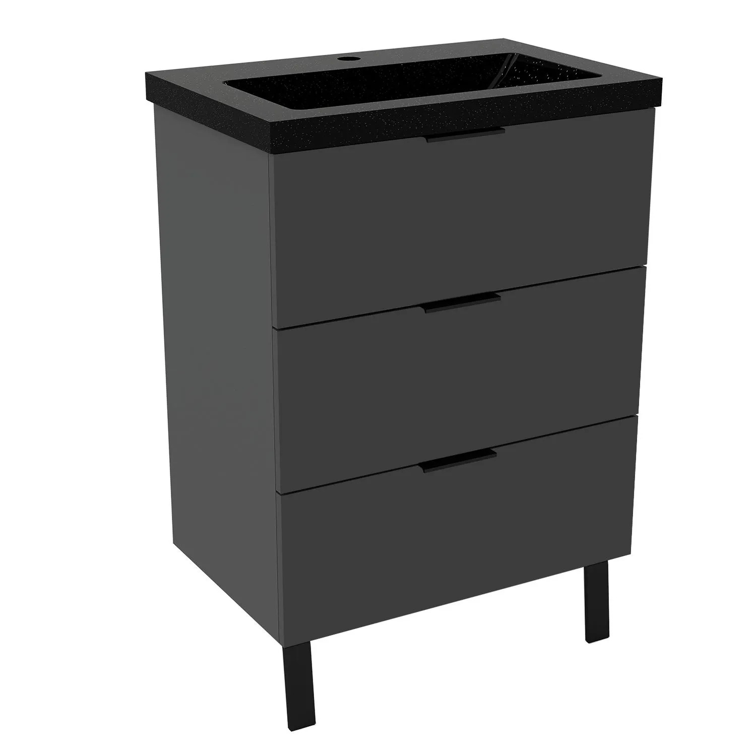 AICA Badmöbel Kantin 60 cm Schwarz Waschtisch mit Unterschrank Hochglanz Anthrazit Standschrank Griffen & Füße Softclose Schubladen 2 tlg.