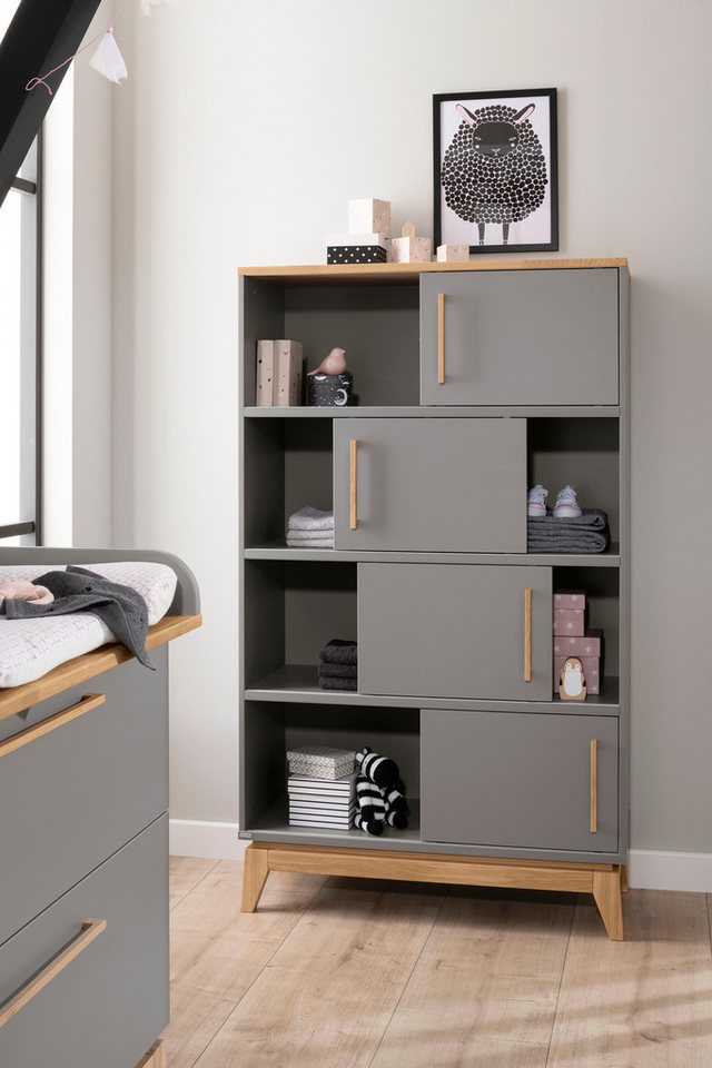 PAIDI Standregal STIENE in Beige oder Grau, 8 Fächer, 4 Schiebetüren mit Soft-Close, modernes und langlebiges Regal mit Massivholz, Highboard