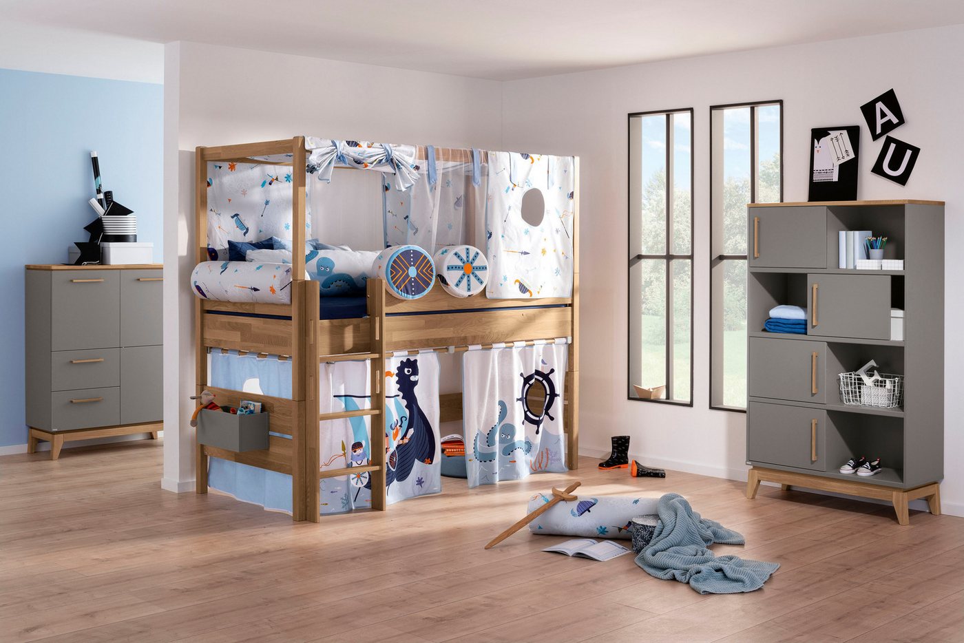 PAIDI Standregal STIENE in Beige oder Grau, 8 Fächer, 4 Schiebetüren mit Soft-Close, modernes und langlebiges Regal mit Massivholz, Highboard Bild 2