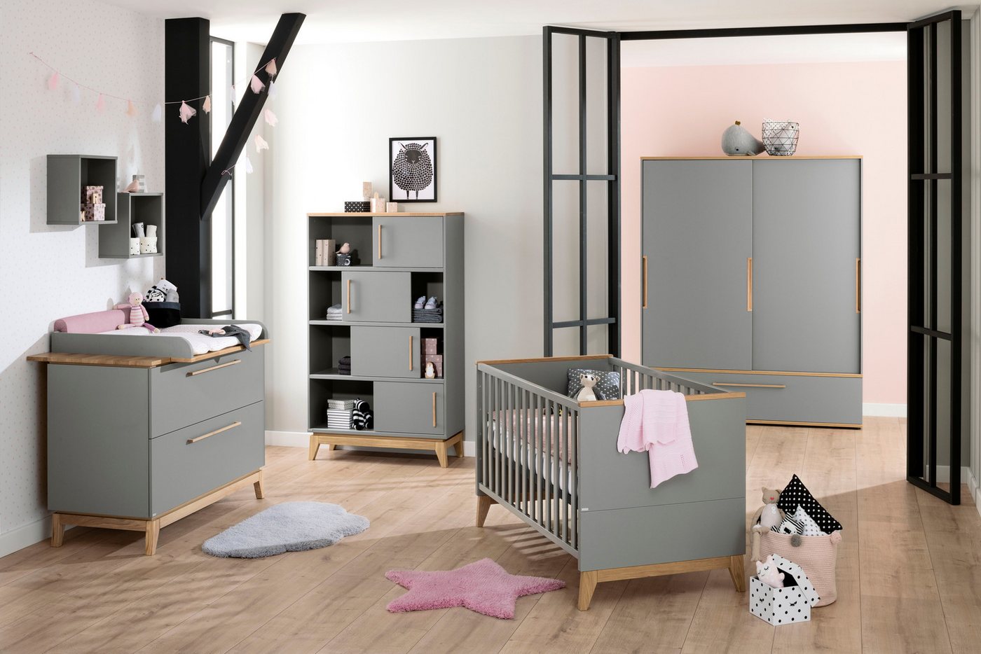 PAIDI Standregal STIENE in Beige oder Grau, 8 Fächer, 4 Schiebetüren mit Soft-Close, modernes und langlebiges Regal mit Massivholz, Highboard Bild 3