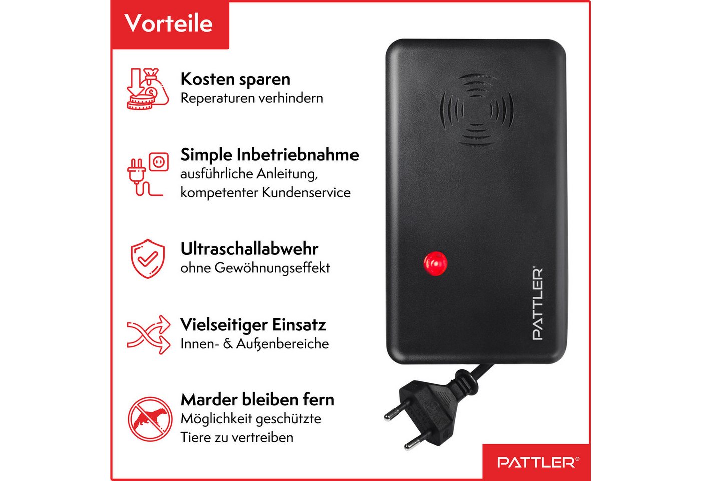 Pattler Ultraschall-Tierabwehr Marderschreck mit Hochfrequenztönen, 1 Gerät für ca. 60 m² Bild 4