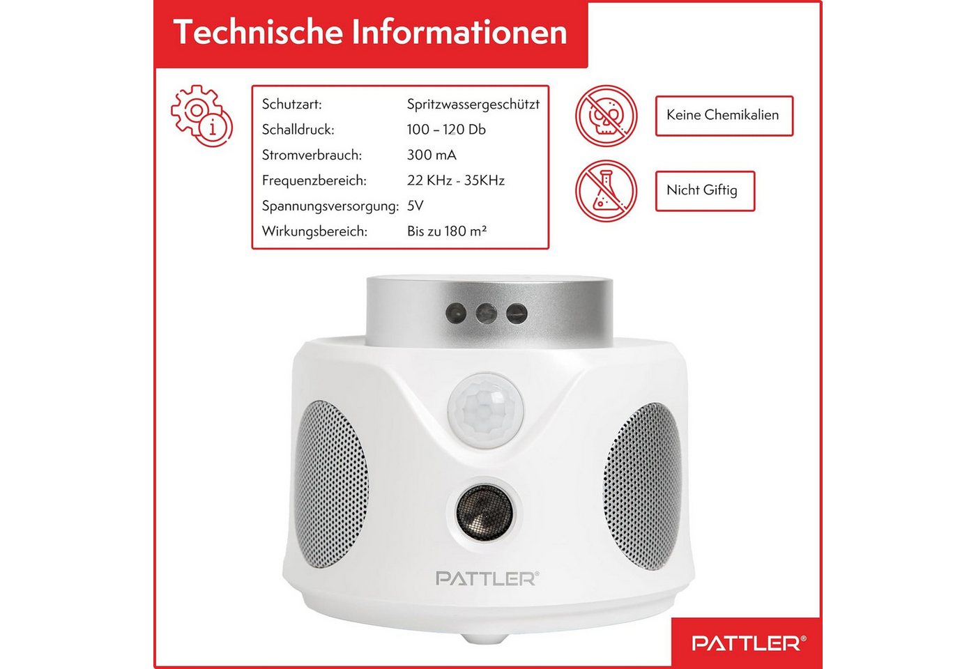Pattler Ultraschall-Tierabwehr 360° Ultraschall Mäuseabwehr, 1 Gerät