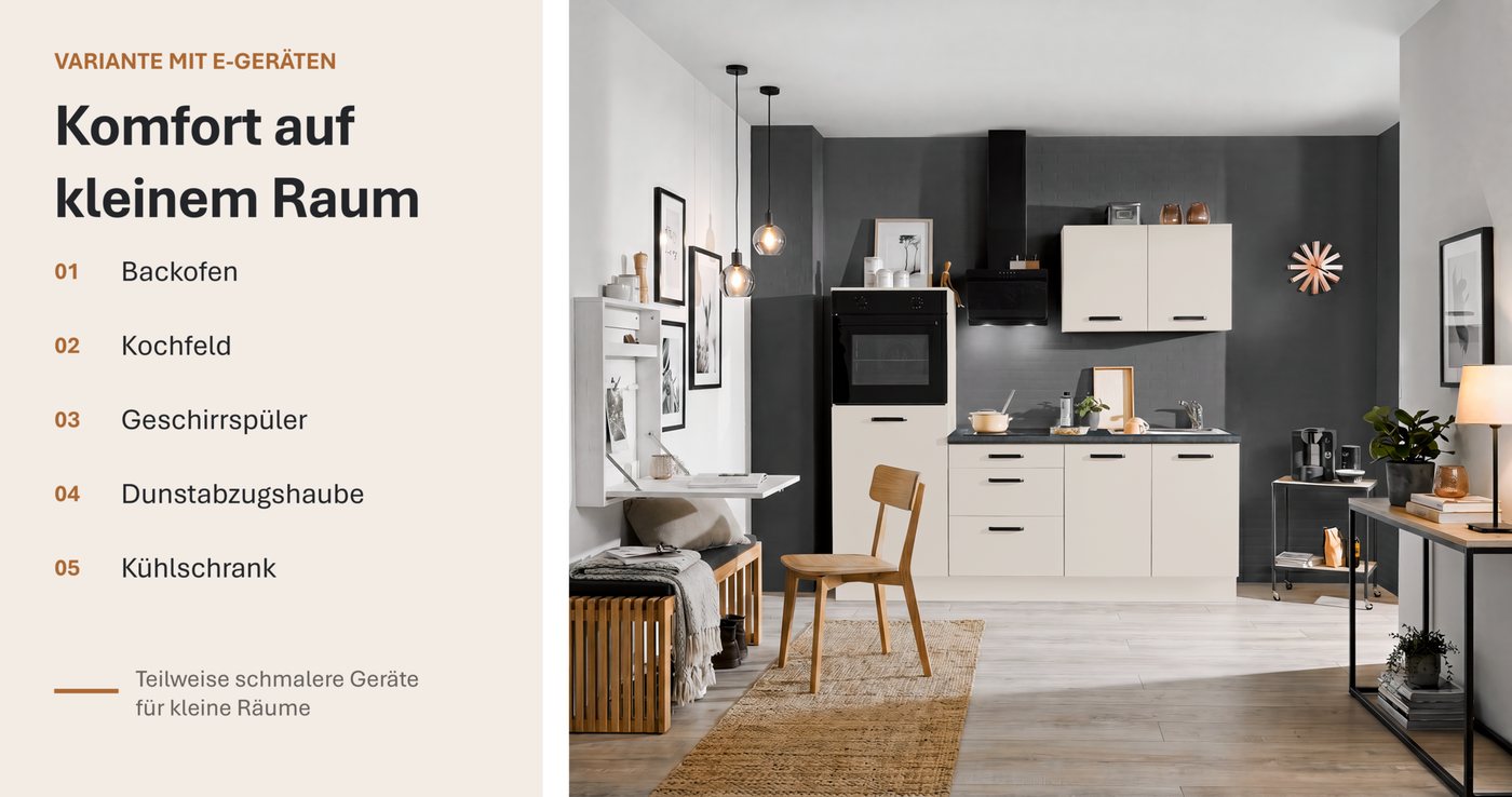 wiho Küchen Küchenzeile Compact: Kleines Format, große Ausstattung, optional mit E-Geräten, Variante mit Kühlschrank, Breite 210 cm