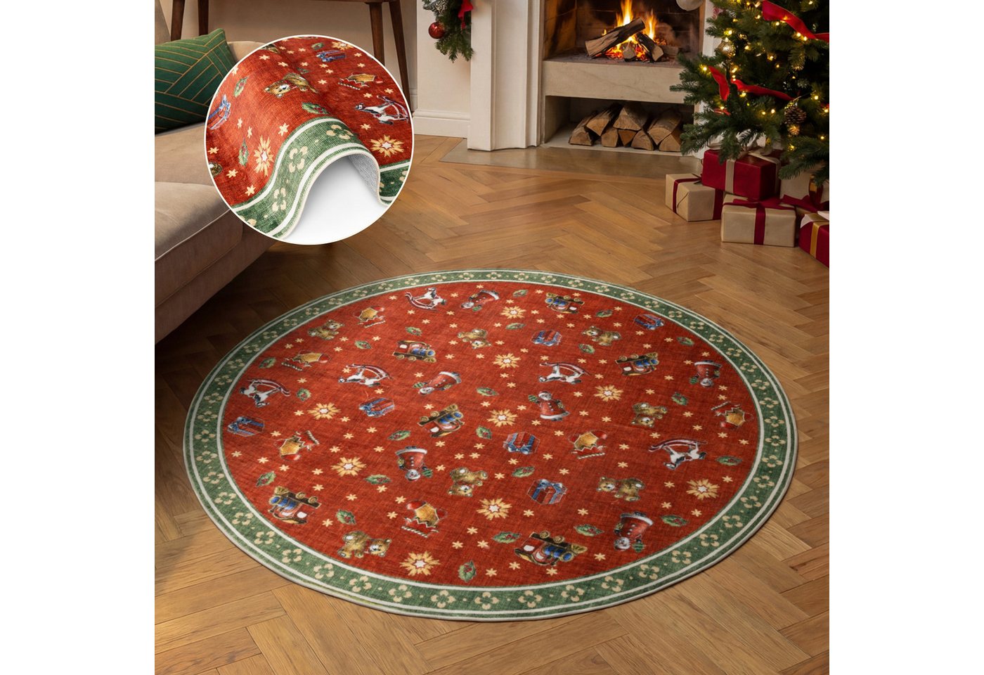 Villeroy & Boch Teppich Toy's Delight Nostalgic Noel, rund, Höhe: 3 mm, Weihnachten, Toys Delight, Wohnzimmer, Waschbar, Baumrock, Christmas