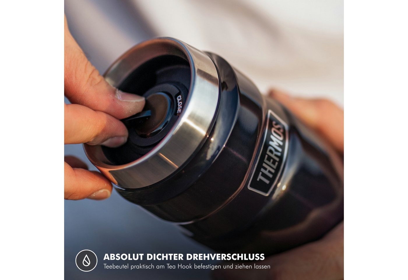 THERMOS Thermobecher STAINLESS KING MUG, doppelwandiger Edelstahl, spülmaschinenfest, 1-tlg., Edelstahl, Kunststoff, Silikon, 0,47l, 7h heiß & 18h kalt, absolut dicht, DrinkLock – Verschlusssystem