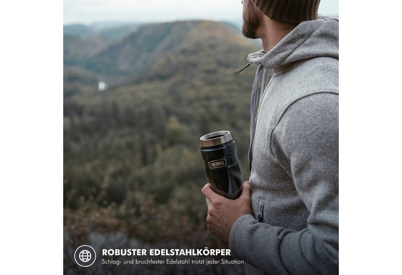THERMOS Thermobecher STAINLESS KING MUG, doppelwandiger Edelstahl, spülmaschinenfest, 1-tlg., Edelstahl, Kunststoff, Silikon, 0,47l, 7h heiß & 18h kalt, absolut dicht, DrinkLock – Verschlusssystem Bild 2