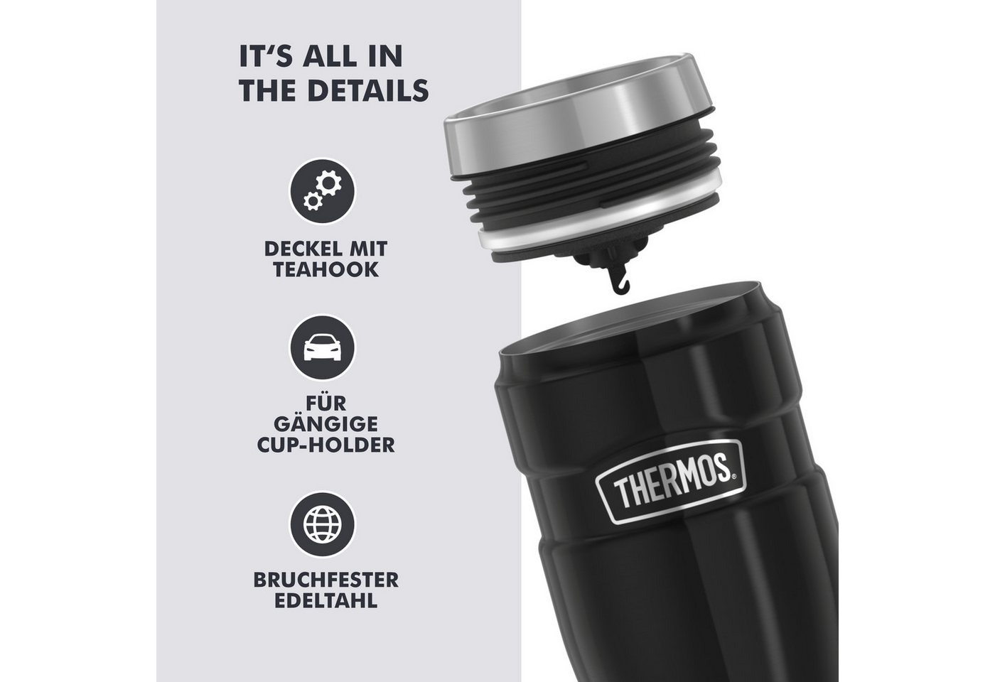 THERMOS Thermobecher STAINLESS KING MUG, doppelwandiger Edelstahl, spülmaschinenfest, 1-tlg., Edelstahl, Kunststoff, Silikon, 0,47l, 7h heiß & 18h kalt, absolut dicht, DrinkLock – Verschlusssystem Bild 3
