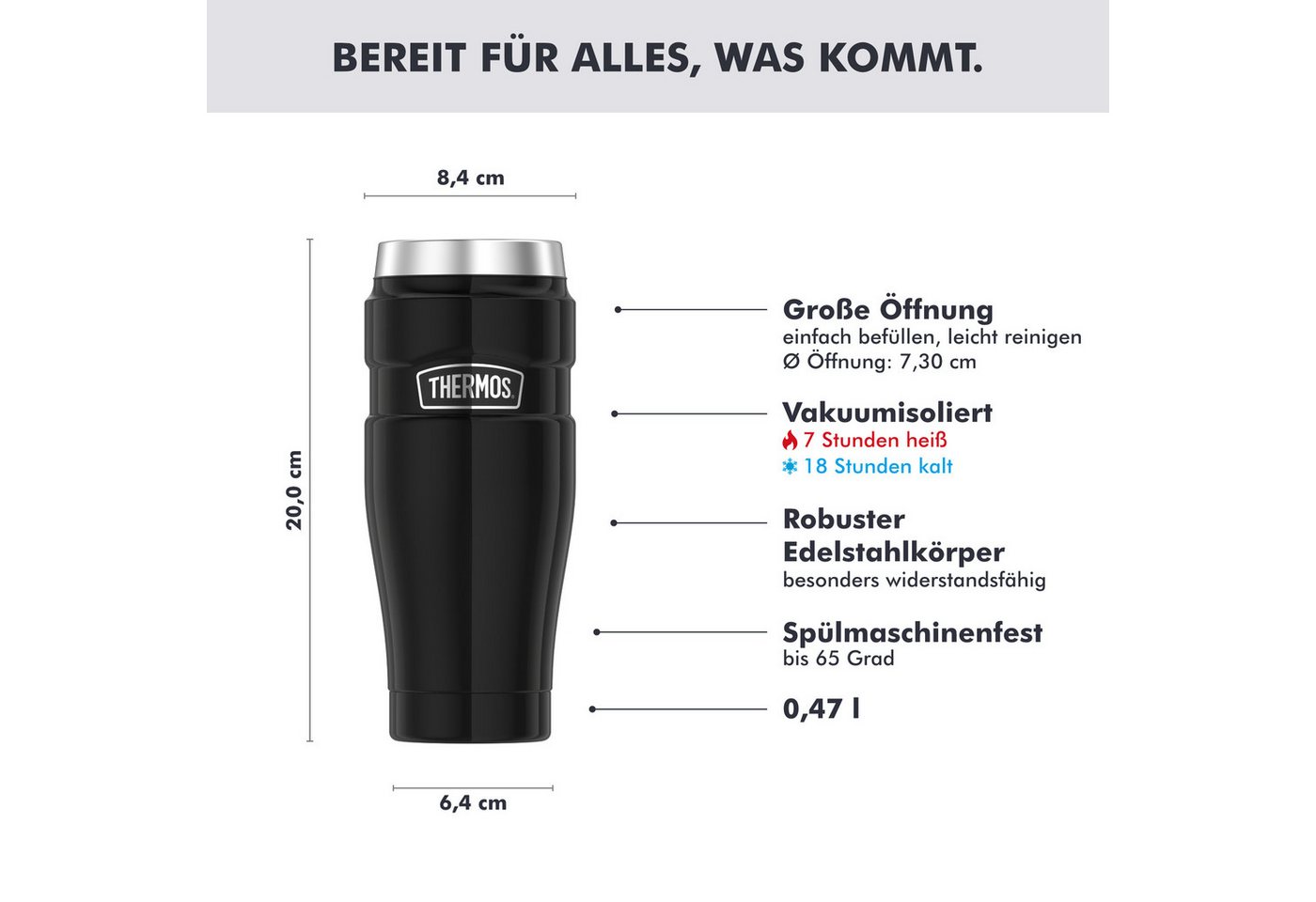 THERMOS Thermobecher STAINLESS KING MUG, doppelwandiger Edelstahl, spülmaschinenfest, 1-tlg., Edelstahl, Kunststoff, Silikon, 0,47l, 7h heiß & 18h kalt, absolut dicht, DrinkLock – Verschlusssystem Bild 4
