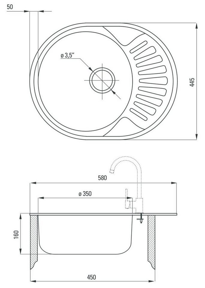 Faizee Möbel Edelstahlspüle Design Edelstahleinbauspüle 57 cm inkl. Zubehör-set, rund, 60/50.5 cm Bild 4