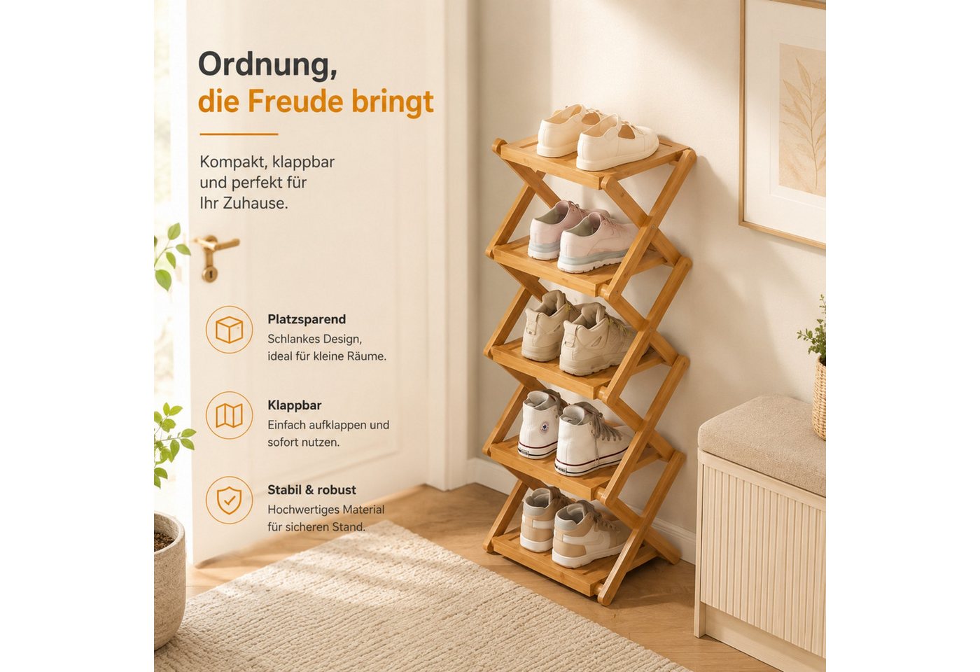 Jumpeak Schuhregal Schuhregal,Schuhablage,Faltregal,Organizer,Aufbewahrung, Schuhregal klein,Schuhregal 2 ebenen,Mini schuhregal,Bambus,Dreifarbig Bild 2