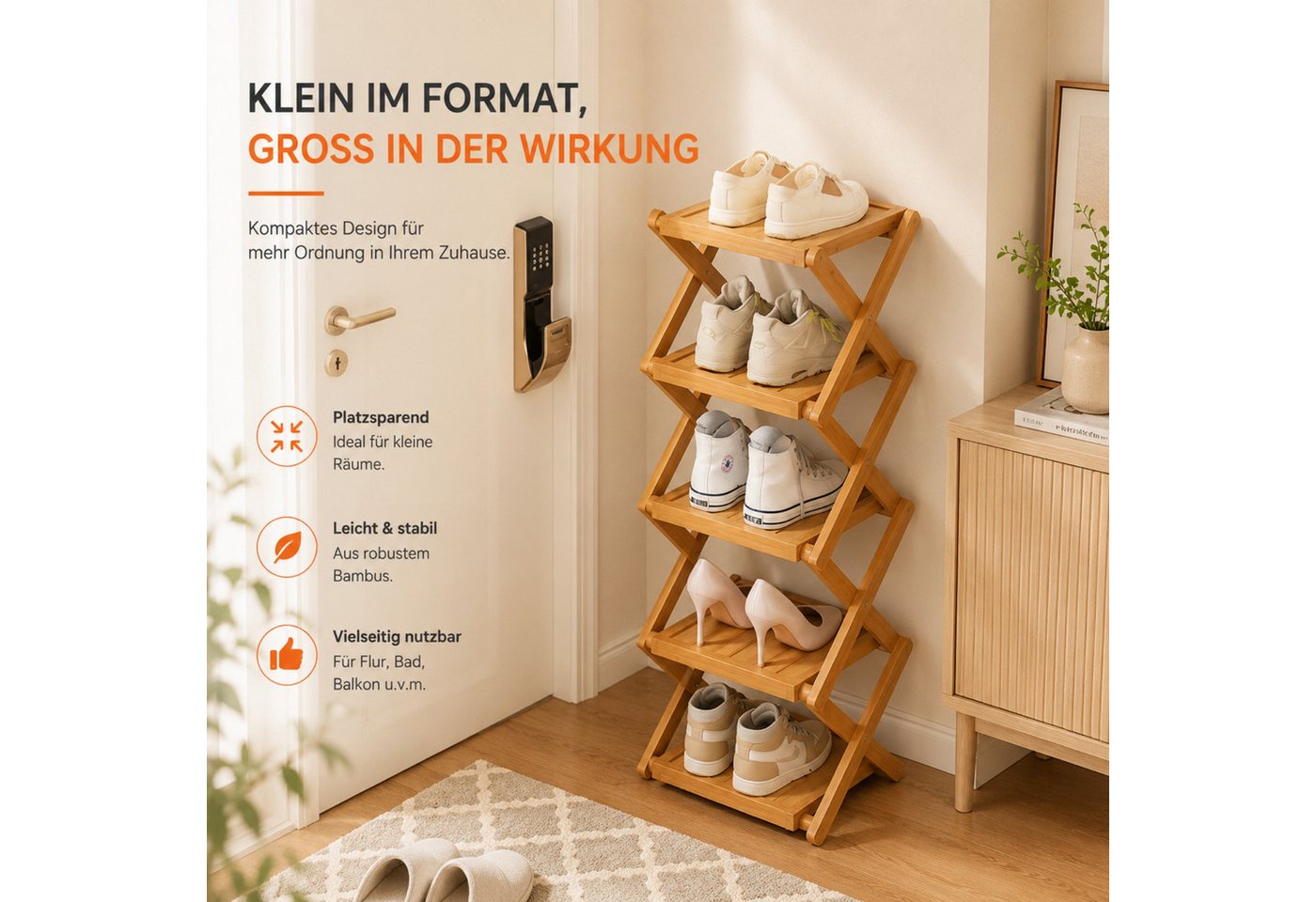 Jumpeak Schuhregal Schuhregal,Schuhablage,Faltregal,Organizer,Aufbewahrung, Schuhregal klein,Schuhregal 2 ebenen,Mini schuhregal,Bambus,Dreifarbig Bild 5