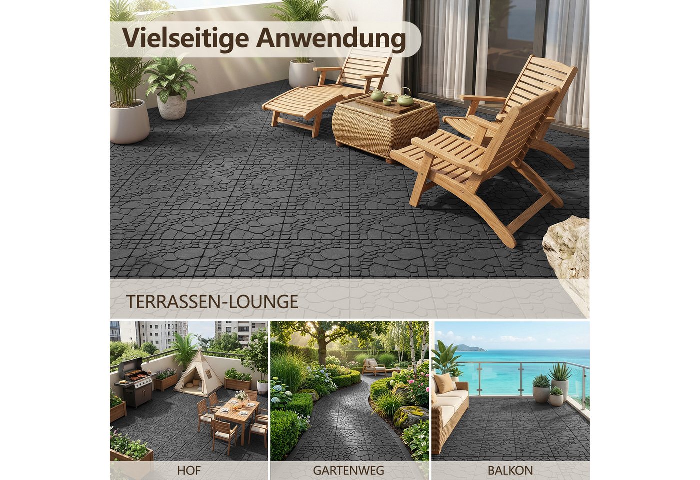 PFCTART Terrassendielen Terrassenfliesen Klicksystem – Kunststoff-Bodenfliesen 30,5 × 30,5 cm, 4 m², BxL: je 30.5x30.5 cm, 20 mm Stärke, (Set, 44-St., Für Terrasse, Balkon, Garten, Wege & Innenbereich), Werkzeuglos verlegbar, rutschfest & wasserbeständig mit Entwässerung Bild 5