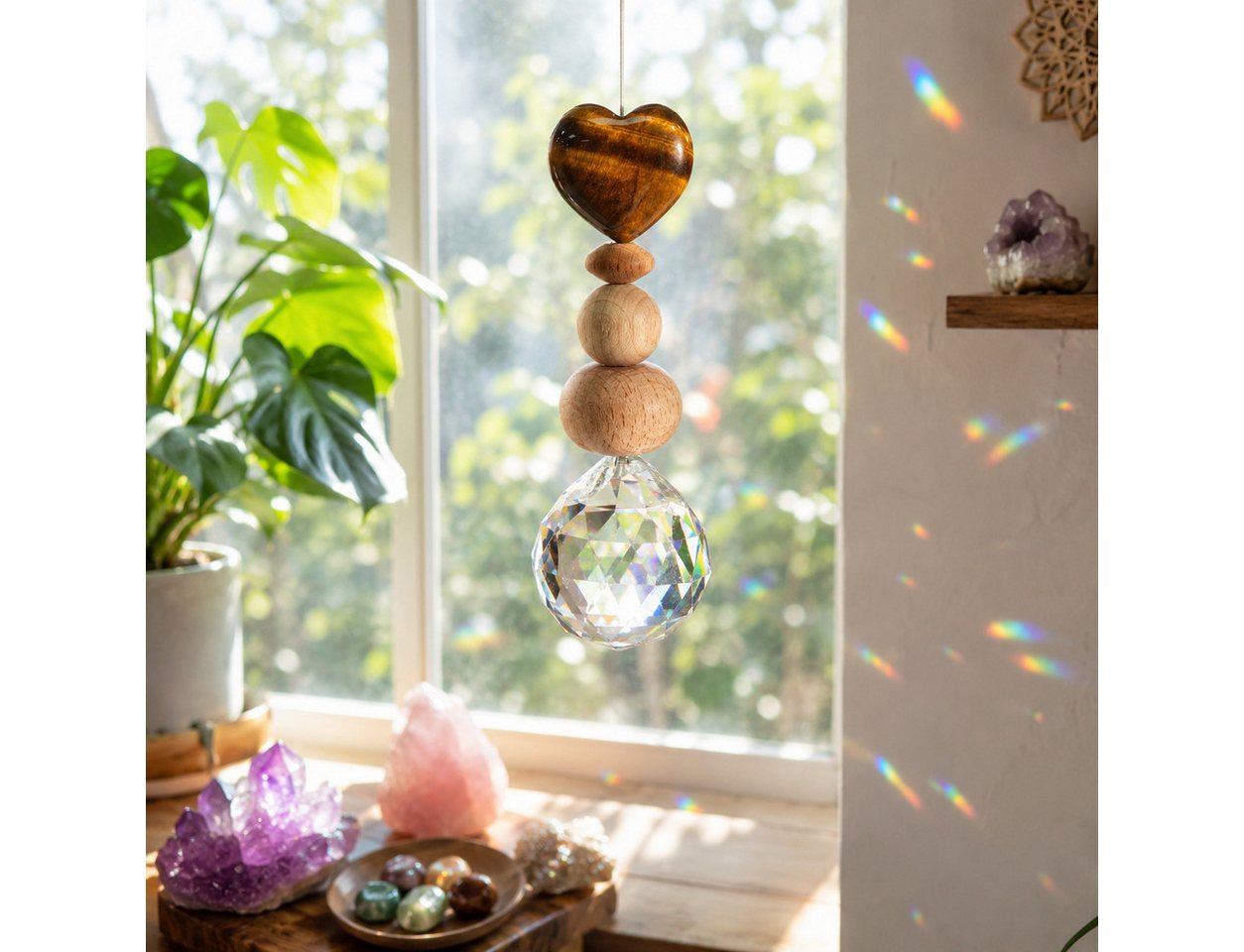 Karmandala Fensterdekoration Kristall Sonnenfänger mit Edelstein Windspiel Regenbogen Lichtfänger, echte Tigerauge-Natursteine für Mut, Selbstvertrauen und innere Stärke