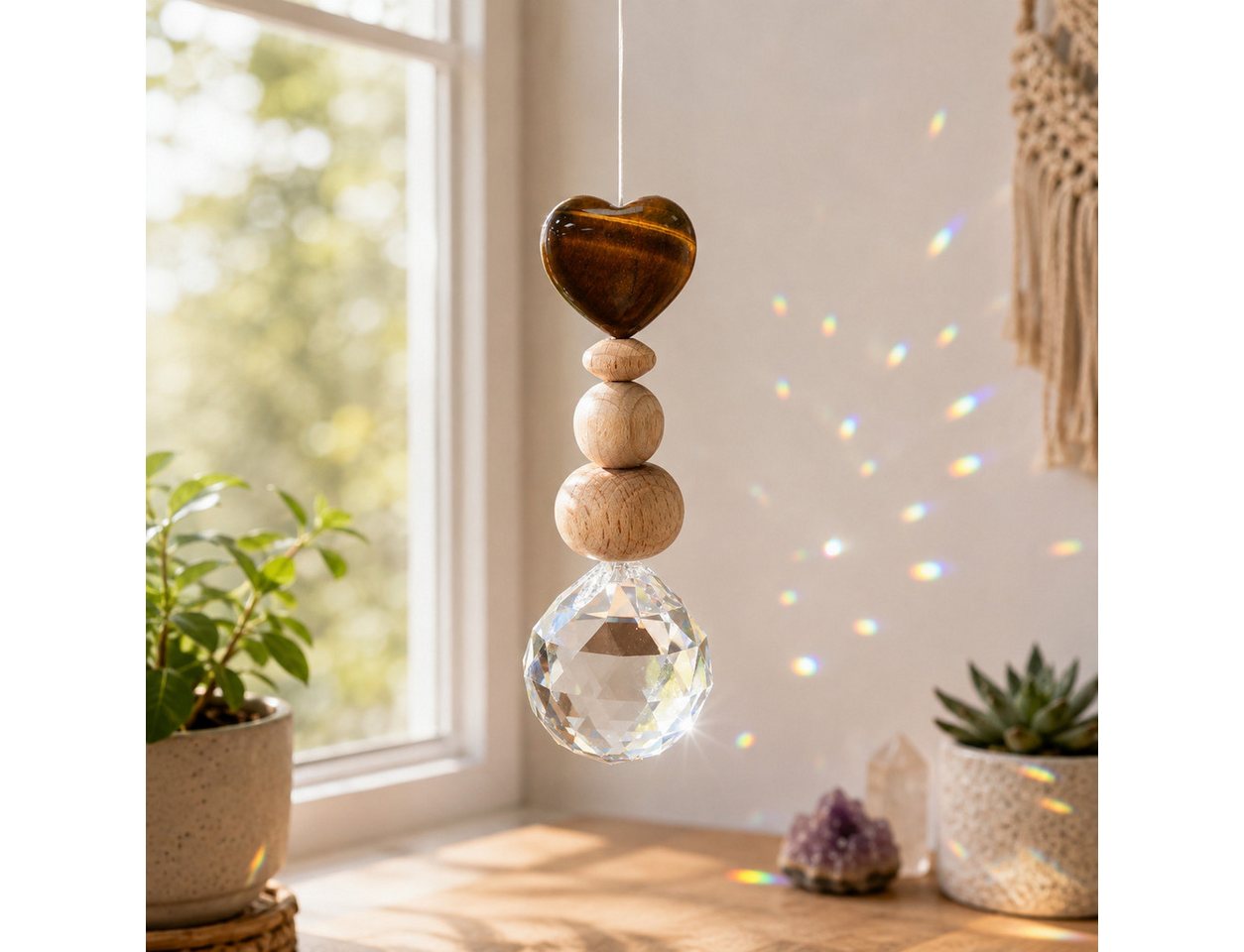Karmandala Fensterdekoration Kristall Sonnenfänger mit Edelstein Windspiel Regenbogen Lichtfänger, echte Tigerauge-Natursteine für Mut, Selbstvertrauen und innere Stärke Bild 3