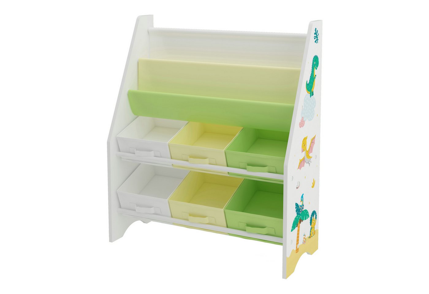 en.casa Kinderregal, »Ponteceso« Dinosaurier-Motiv 74 x 62 x 26,5 cm Weiß/Grün/Gelb
