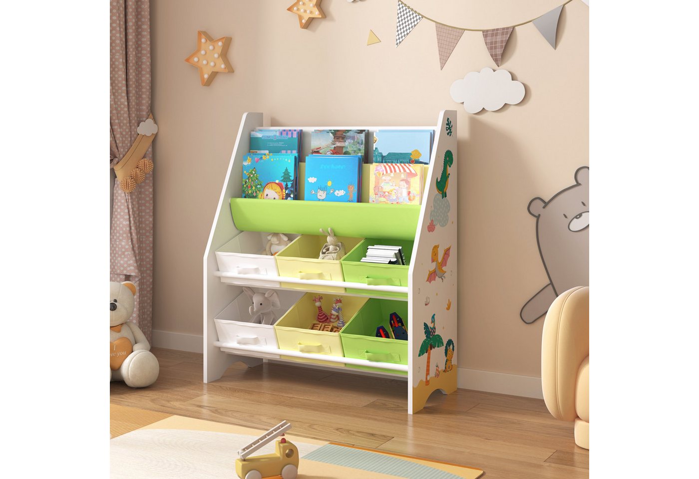 en.casa Kinderregal, »Ponteceso« Dinosaurier-Motiv 74 x 62 x 26,5 cm Weiß/Grün/Gelb Bild 3