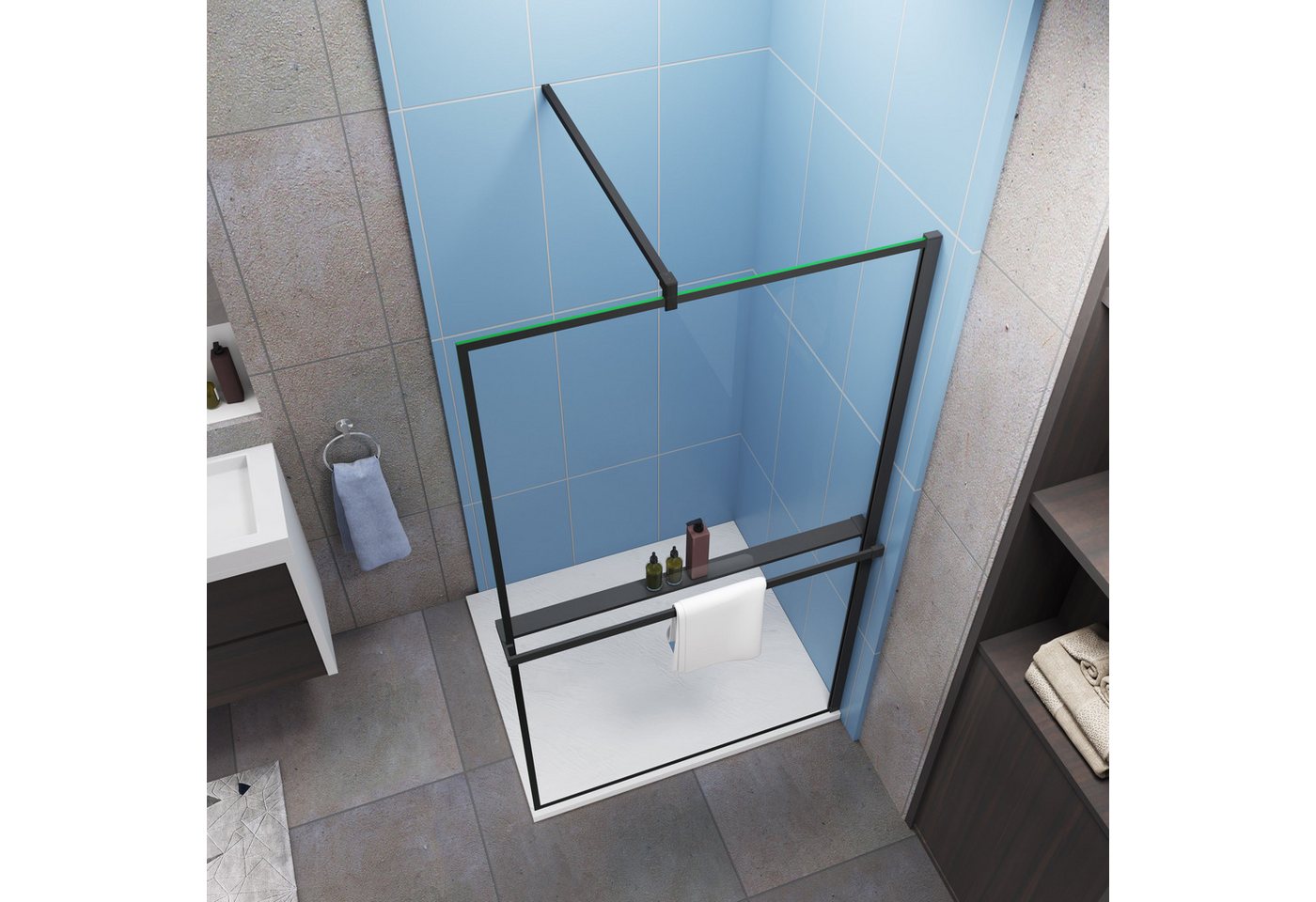 duschspa Walk-in-Dusche 8mm Nano Sicherheitsglas Ablage Schwarzer Rahmen 200cm Duschwand, Einscheibensicherheitsglas, (Set), 8mm Nano ESG, Höhe 200cm